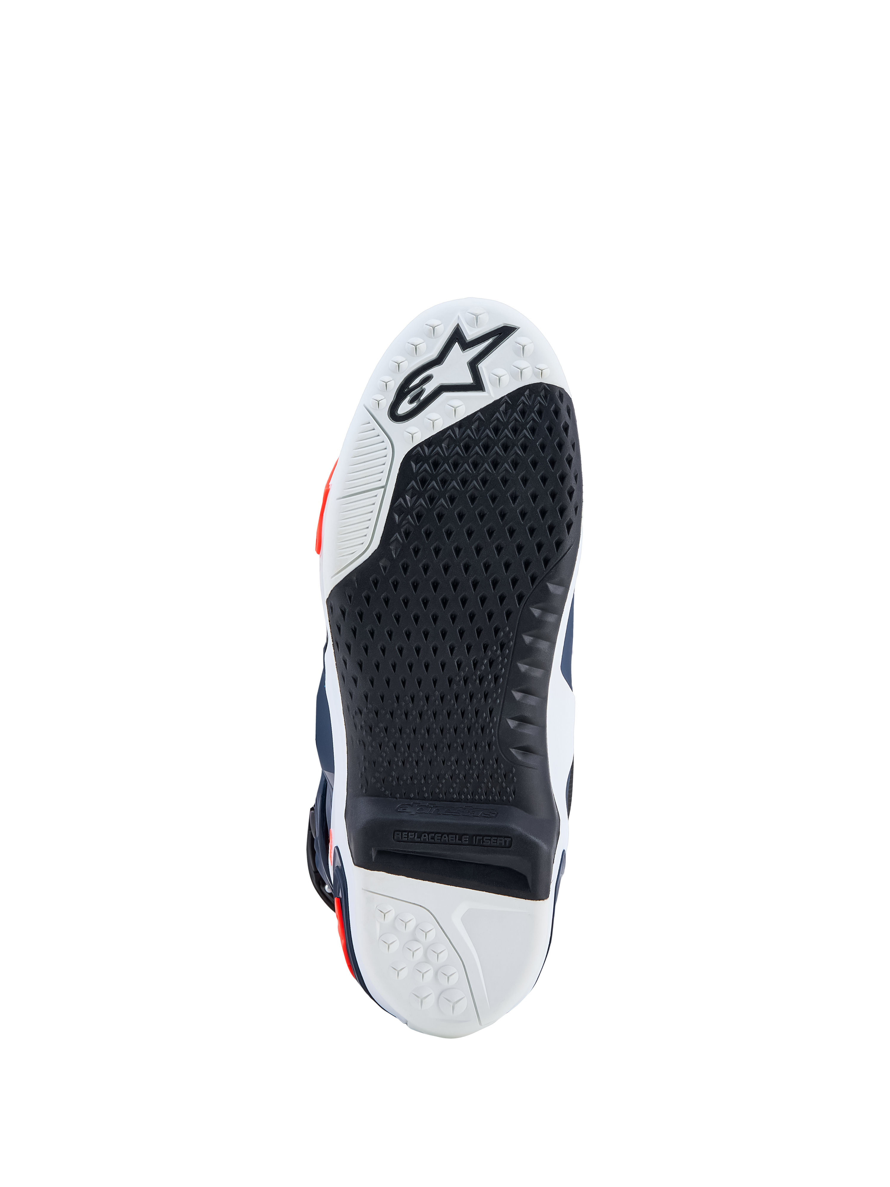 Alpinestars Tech-10 Supervented laarzen, zwart-witte zool met vervangbaar inzetstuk voor hoge grip en motorcross.