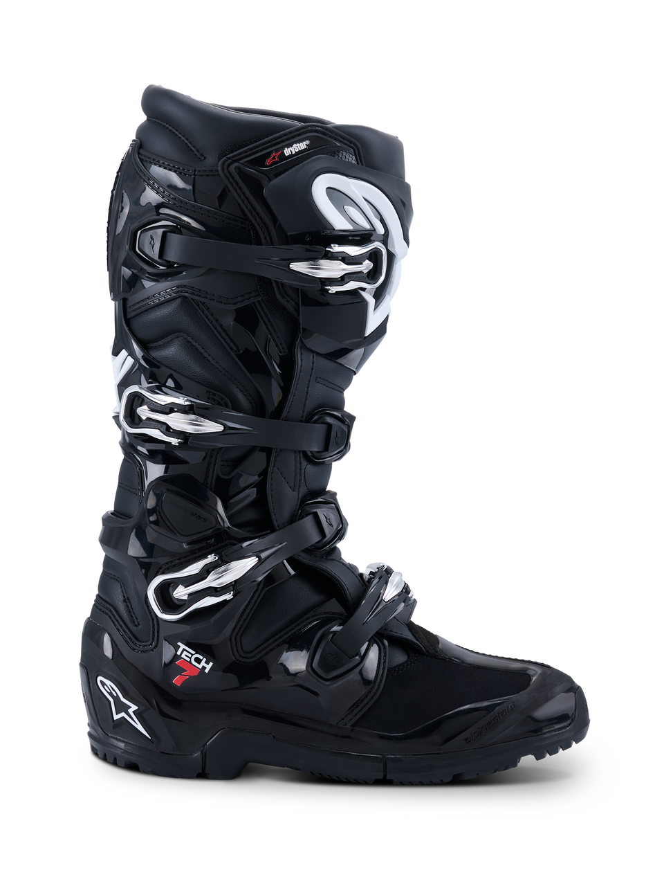 Alpinestars 2026 Tech 7 Enduro Drystar® Boots, Black off-road motorcycle boots, profile view featuring four silver buckle closures, rugged dual-compound enduro sole, and extensive TPU protection with matte and glossy black finishes.