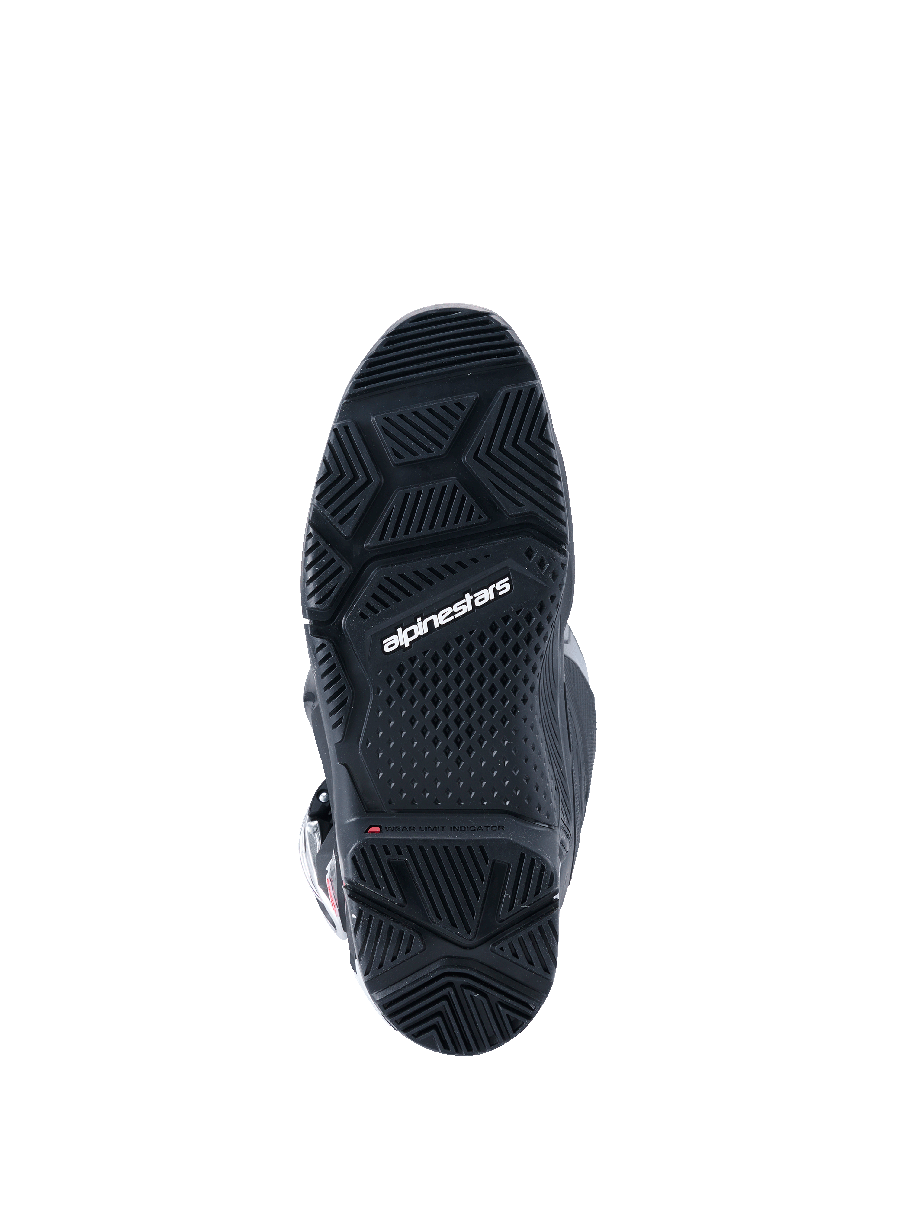 Alpinestars 2026 Tech 7 Enduro Drystar® Boots, Black, bottom view of the specialized dual-compound enduro sole, featuring geometric tread patterns for all-terrain grip and white Alpinestars logo