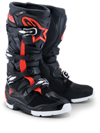 Alpinestars 2026 Tech 7 Enduro Drystar® Boots, Enduro Motocross Boots, Black Red Fluo and White, featuring fluorescent red accents and star logo, multiple buckle closures, and durable white soles for off-road performance