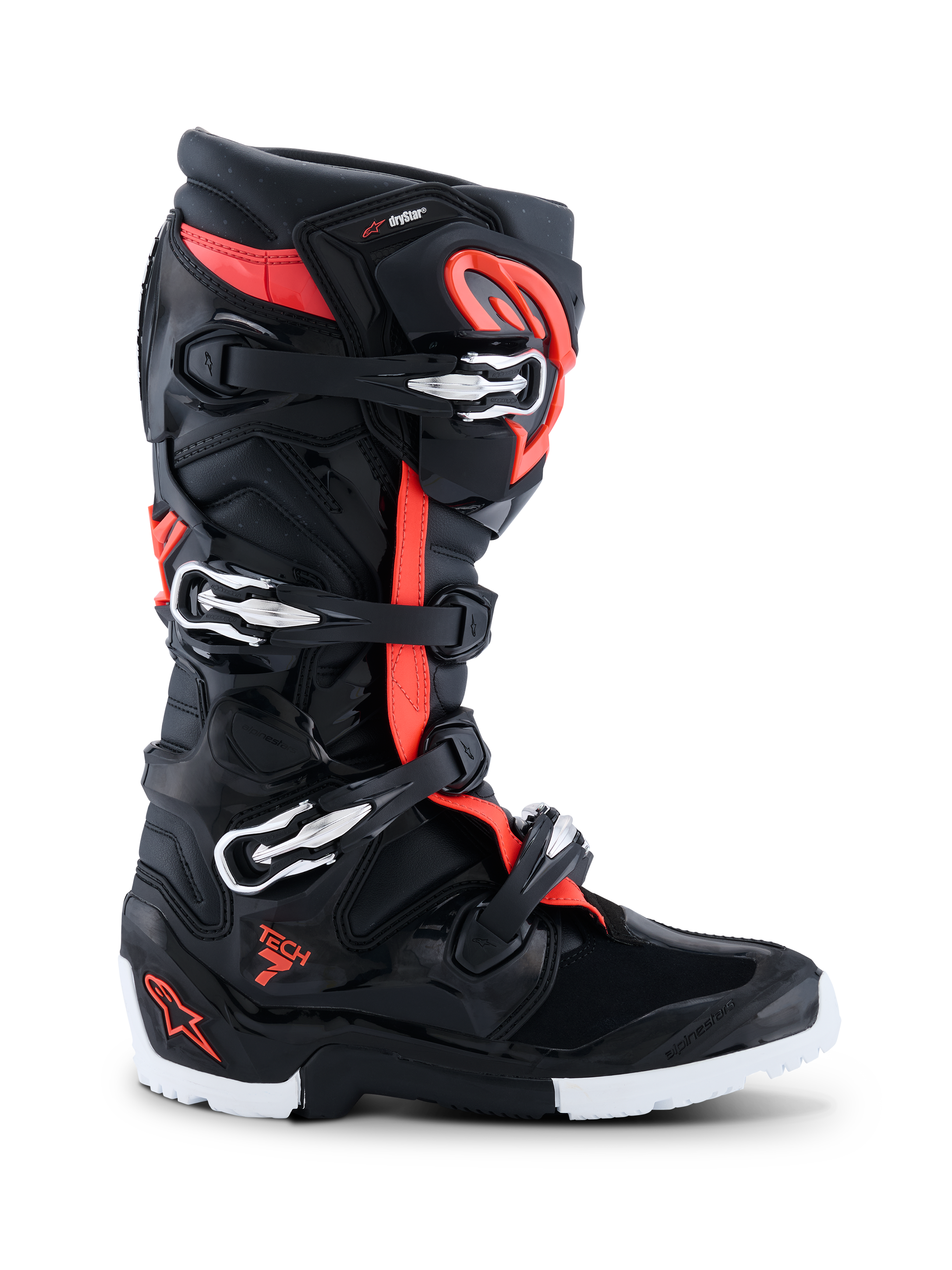 Alpinestars 2026 Tech 7 Enduro Drystar® Boots, Motocross and Enduro footwear, Black Red Fluo and White, side profile showing four silver and black buckles, TPU reinforced shell, and rugged enduro-specific white and black sole, featuring Drystar branding and Tech 7 logo