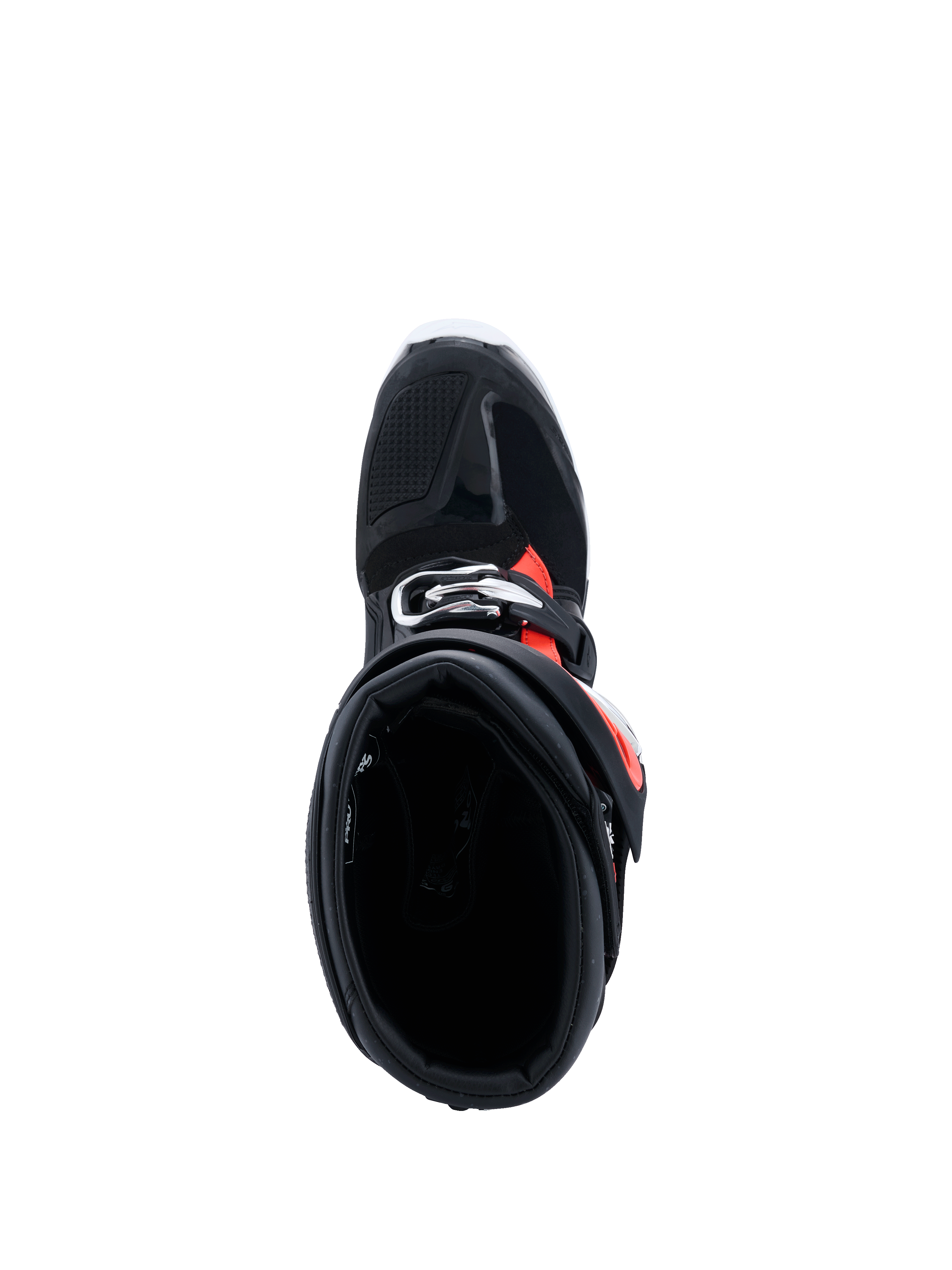 Alpinestars 2026 Tech 7 Enduro Drystar® Boots, Black Red Fluo White, top-down view looking into the boot collar, showcasing the wide entry aperture and interior padding, protective enduro footwear for off-road riding