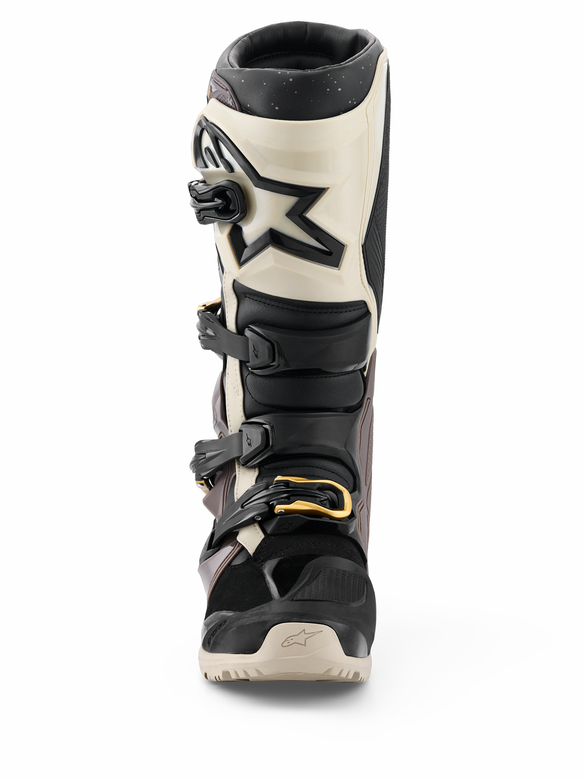 Alpinestars 2026 Tech 7 Enduro Drystar® laarzen, zwart, donkergrijs en goud, waterdichte off-road motorlaarzen, vooraanzicht met een meervoudig gespsluitsysteem met gouden accenten, TPU-scheenbeenbescherming en sterlogo