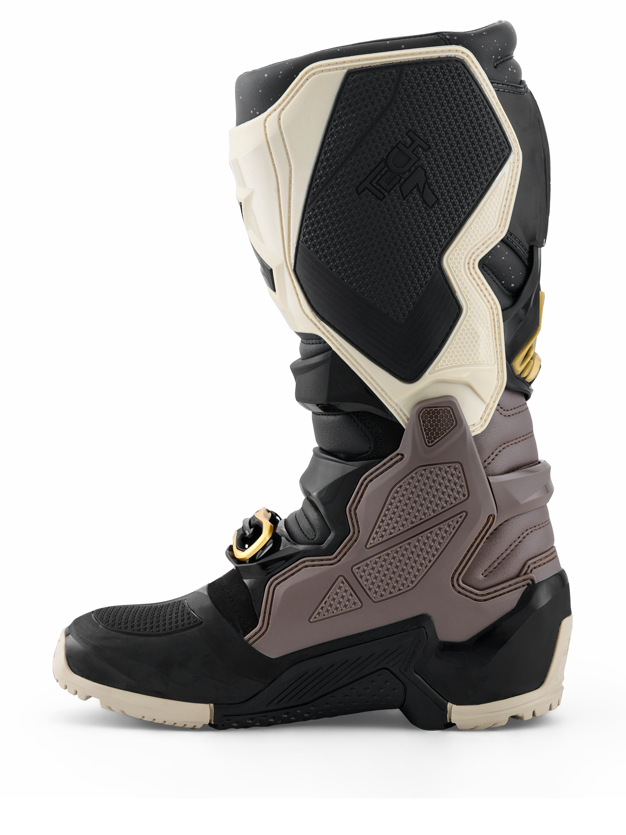Alpinestars 2026 Tech 7 Enduro Drystar® laarzen, motorcrosslaarzen, zwart, donkergrijs en goud, zijprofiel met nadruk op de duurzame TPU-panelen, goudkleurige gesp en robuuste enduro-zool voor off-road rijden.