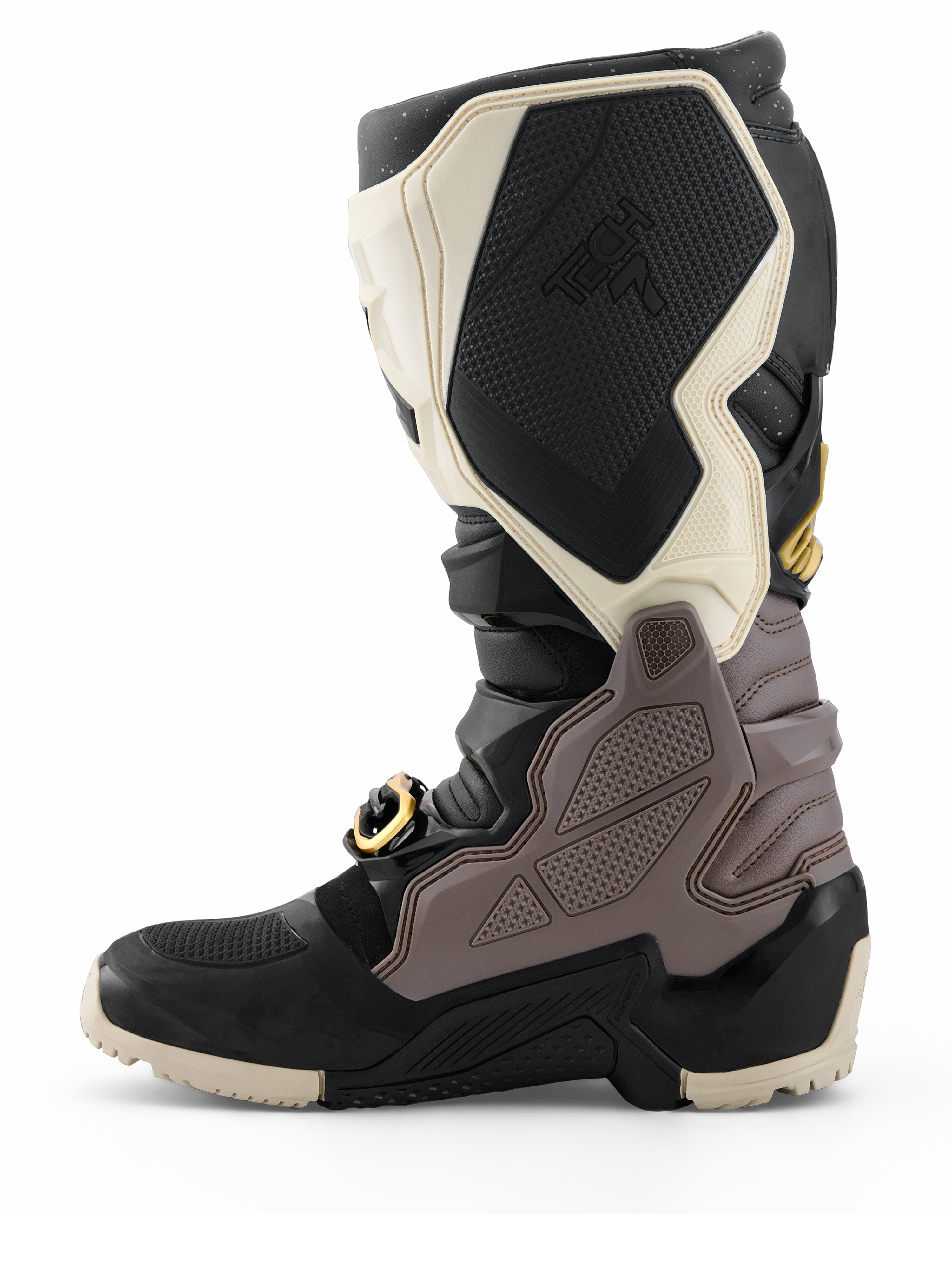 Alpinestars 2026 Tech 7 Enduro Drystar® Boots, Motocross Boots, Black Dark Gray and Gold, side profile view highlighting the durable TPU panels, gold-accented buckle, and rugged enduro sole for off-road riding.