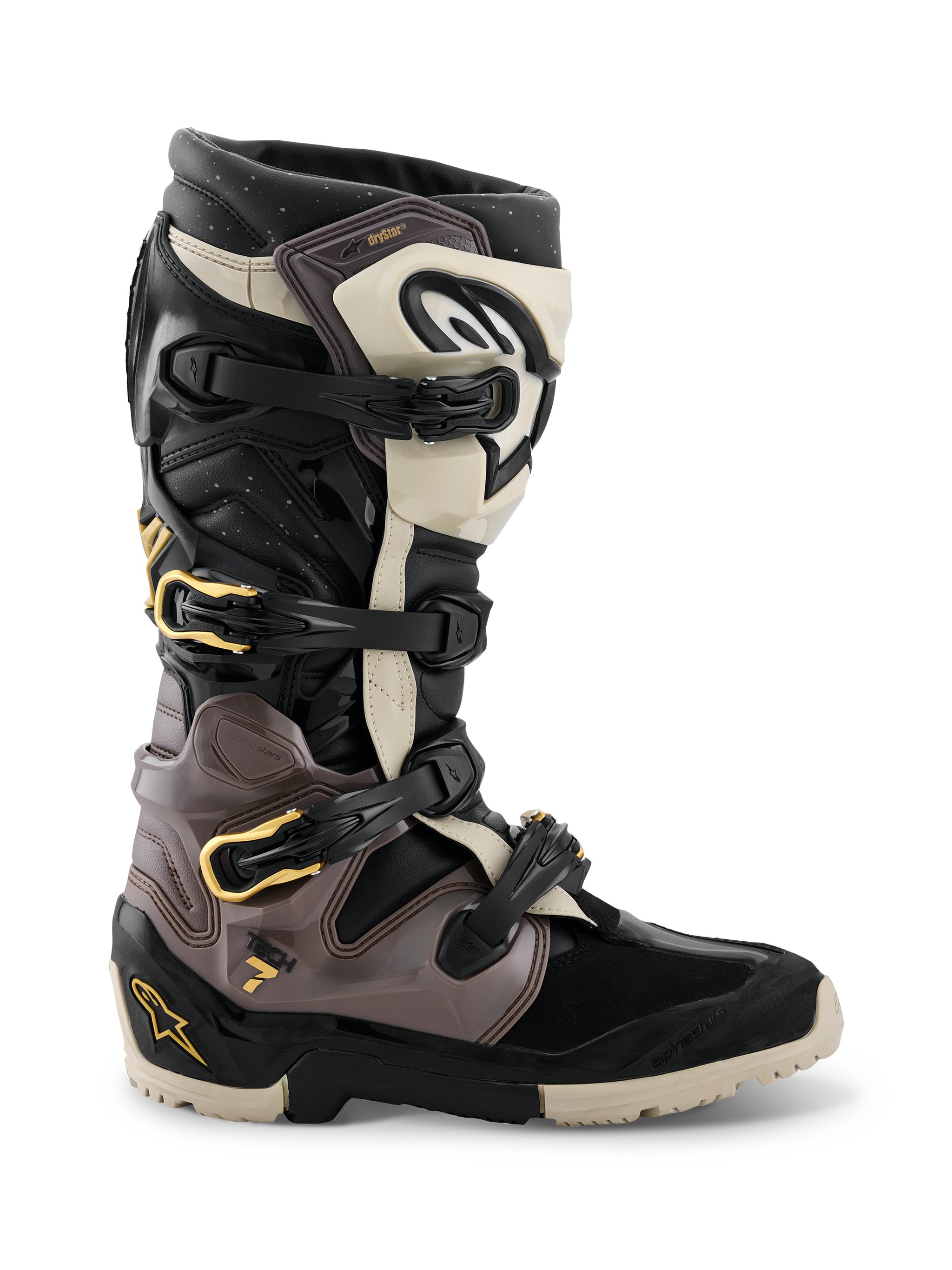 Alpinestars 2026 Tech 7 Enduro Drystar® laarzen, motorcross- en enduro-laarzen, zwart, donkergrijs en goud, met een sluitingssysteem met meerdere gespen en gouden accenten, robuuste dual-compound zool en duurzame TPU-beschermingspanelen, professioneel schoeisel voor off-road rijden