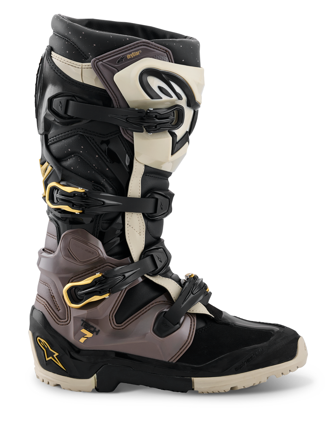 Alpinestars Tech 7 Enduro Drystar Boots, Motorcycle Enduro Boots, Black with Beige and Brown accents, Multiple Adjustable Buckles, Waterproof Drystar Technology, Thick Beige Sole with Traction, Durable Construction for Off-Road Riding
