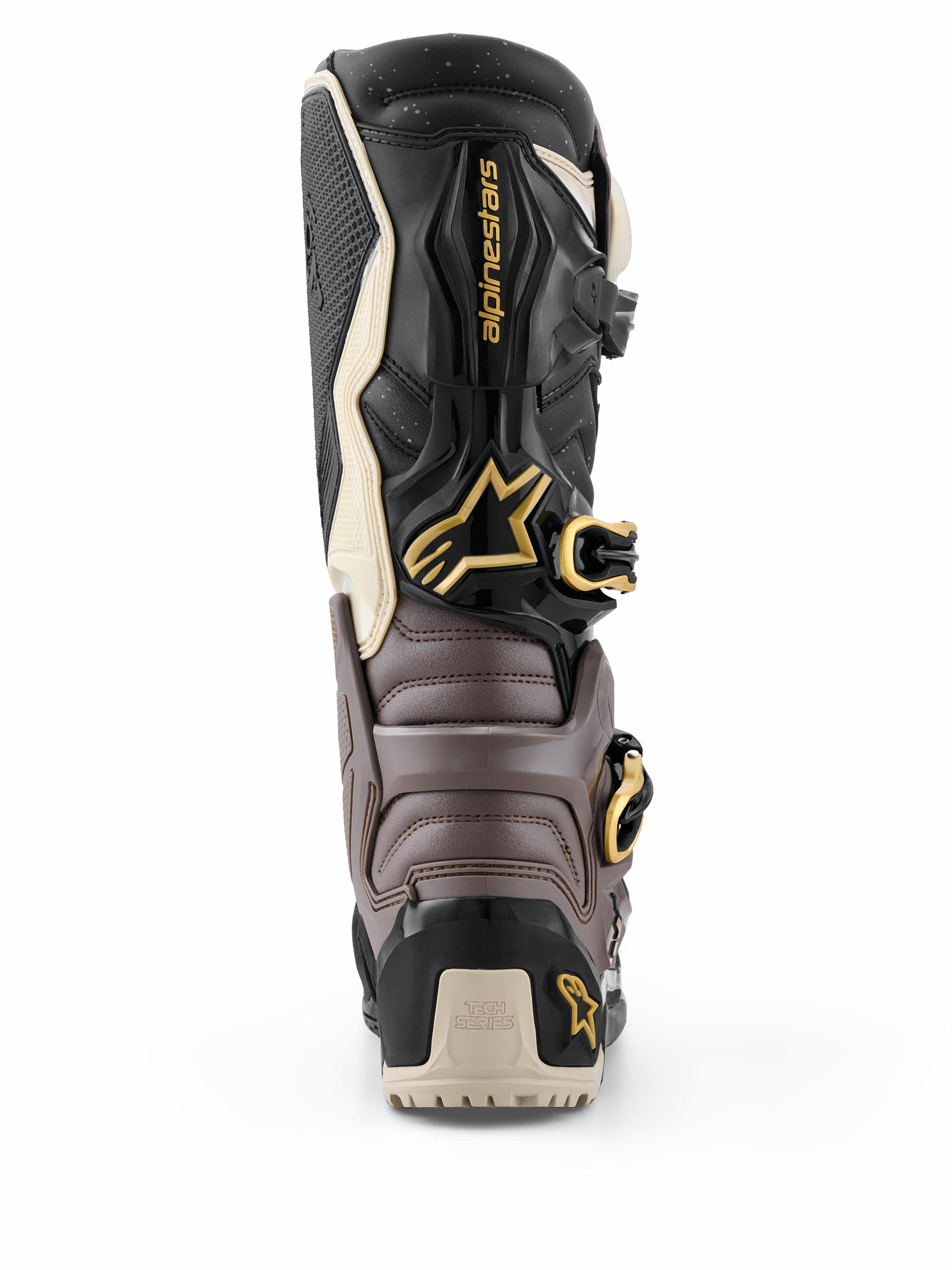 Alpinestars 2026 Tech 7 Enduro Drystar® laarzen, zwart, donkergrijs en goud, achteraanzicht met beschermende TPU-schaal, gouden gespen en Alpinestars-logo, hoogwaardig enduro-schoeisel