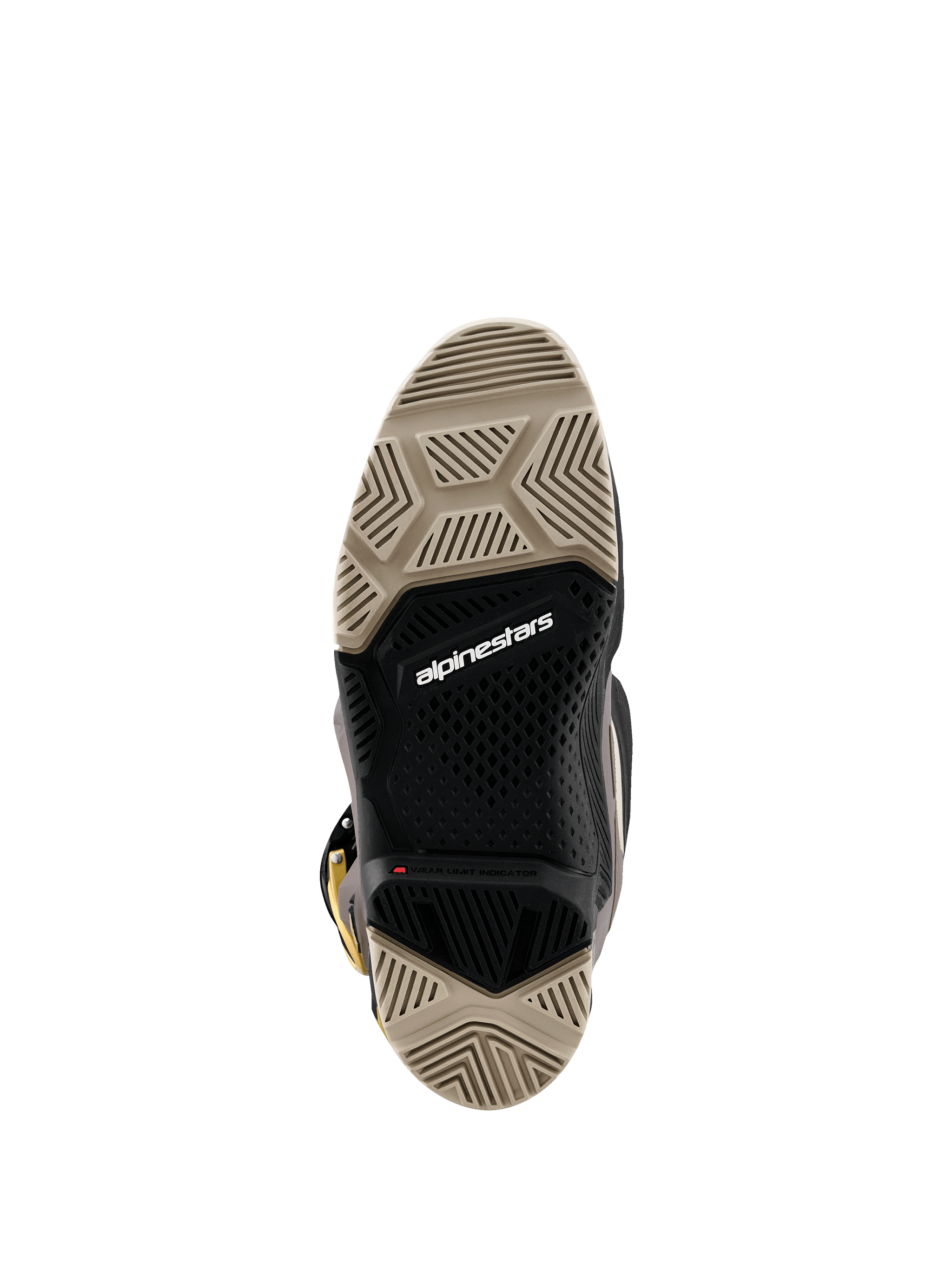 Alpinestars 2026 Tech 7 Enduro Drystar® laarzen, onderaanzicht van de dual-compound zool, zandkleurige en zwarte gespecialiseerde profielpatronen voor maximale grip, met wit Alpinestars-logo en rode slijtage-indicator.