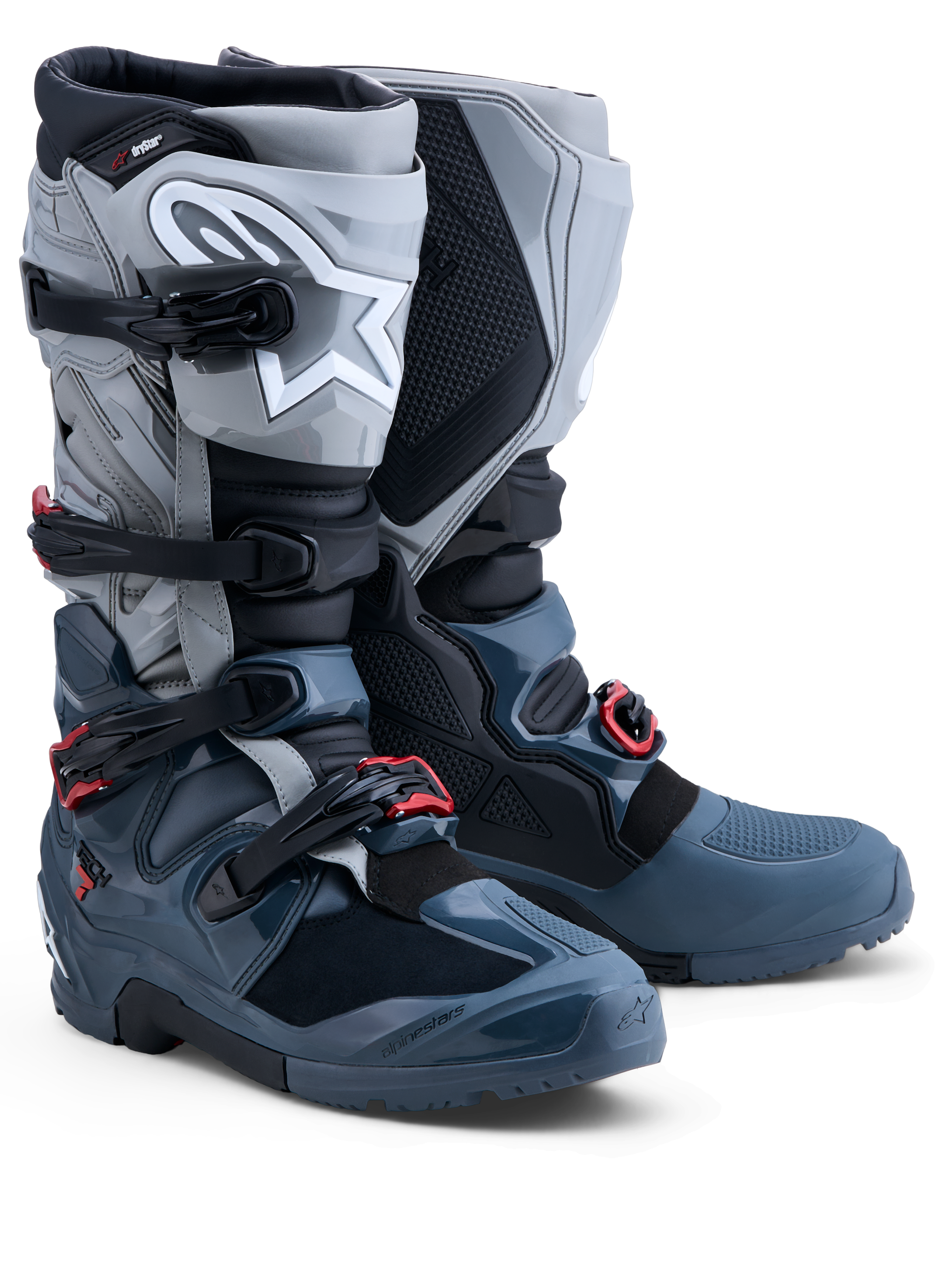 Alpinestars Tech 7 Enduro Drystar motorlaarzen, waterdichte off-road herenlaarzen in grijs en rood met CE-enkelbescherming.