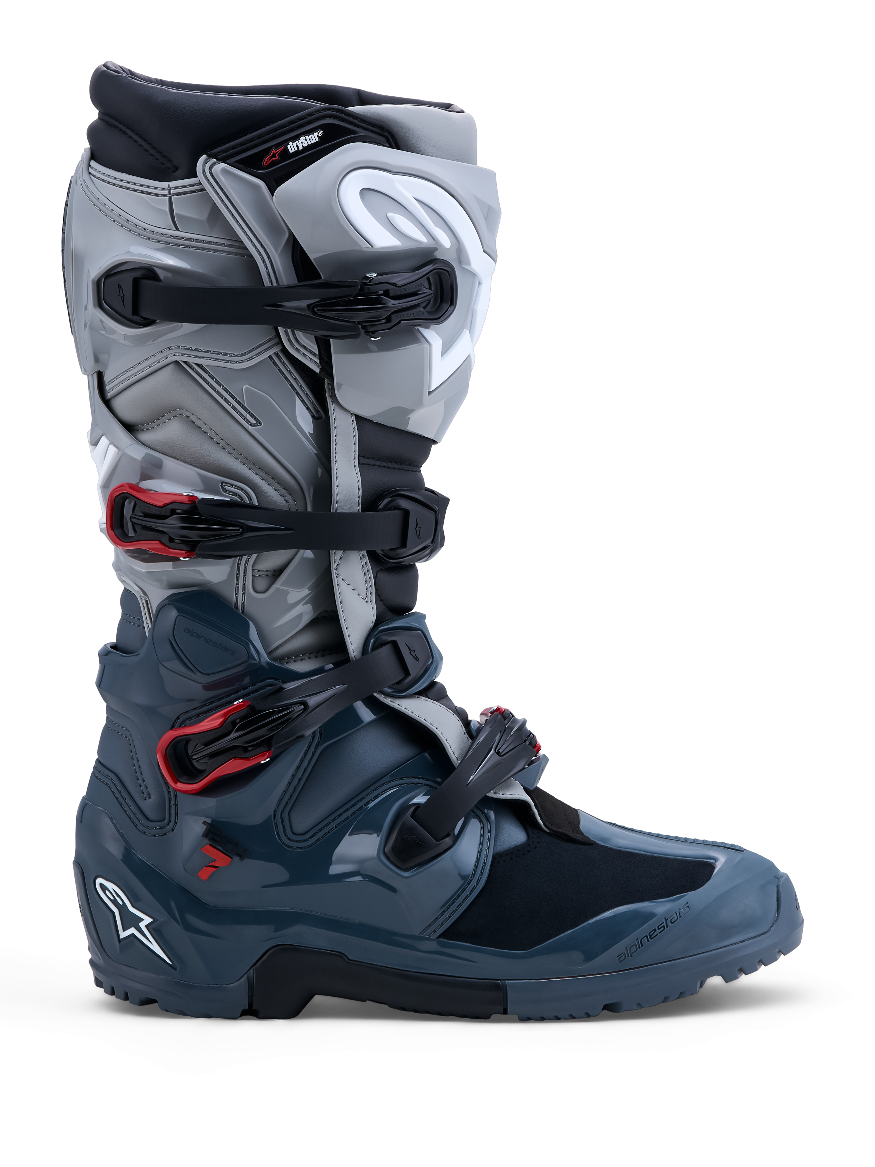 Alpinestars Tech 7 Enduro Drystar laarzen, waterdichte off-road herenmotorlaarzen, grijs met rode details, CE-gecertificeerd.