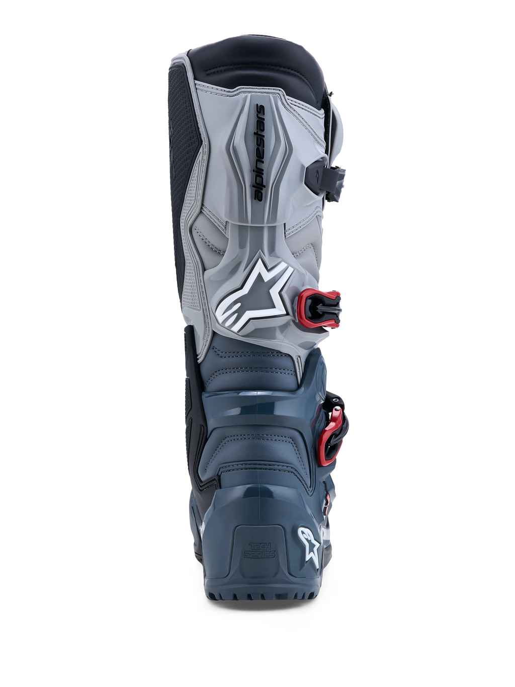 Alpinestars Tech 7 Enduro Drystar laarzen, donkergrijze waterdichte off-road motorlaarzen, rode details, achteraanzicht.