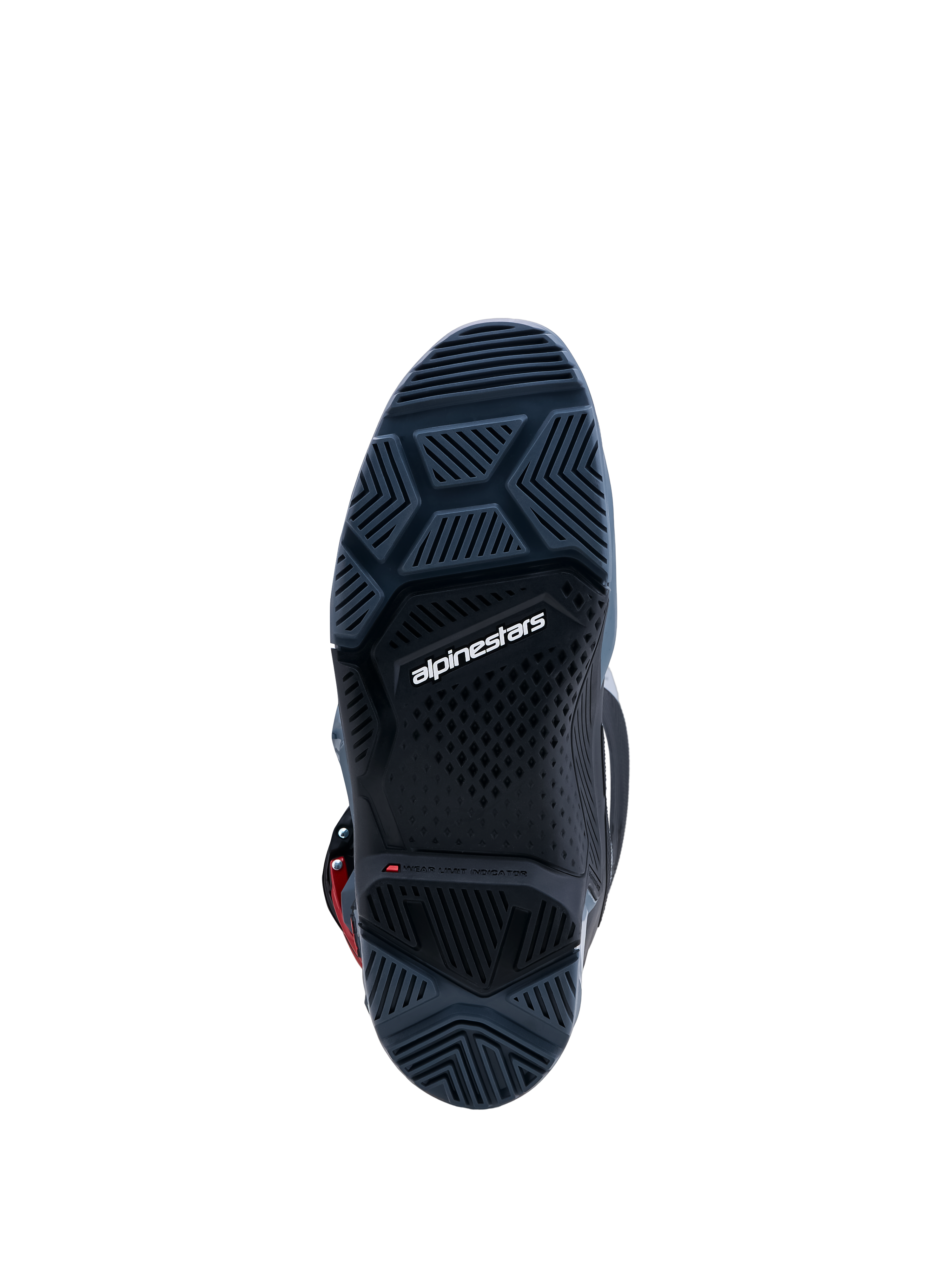 Alpinestars Tech 7 Enduro Drystar laarzen, donkergrijze rubberen zool met hoge grip en slijtage-indicator.
