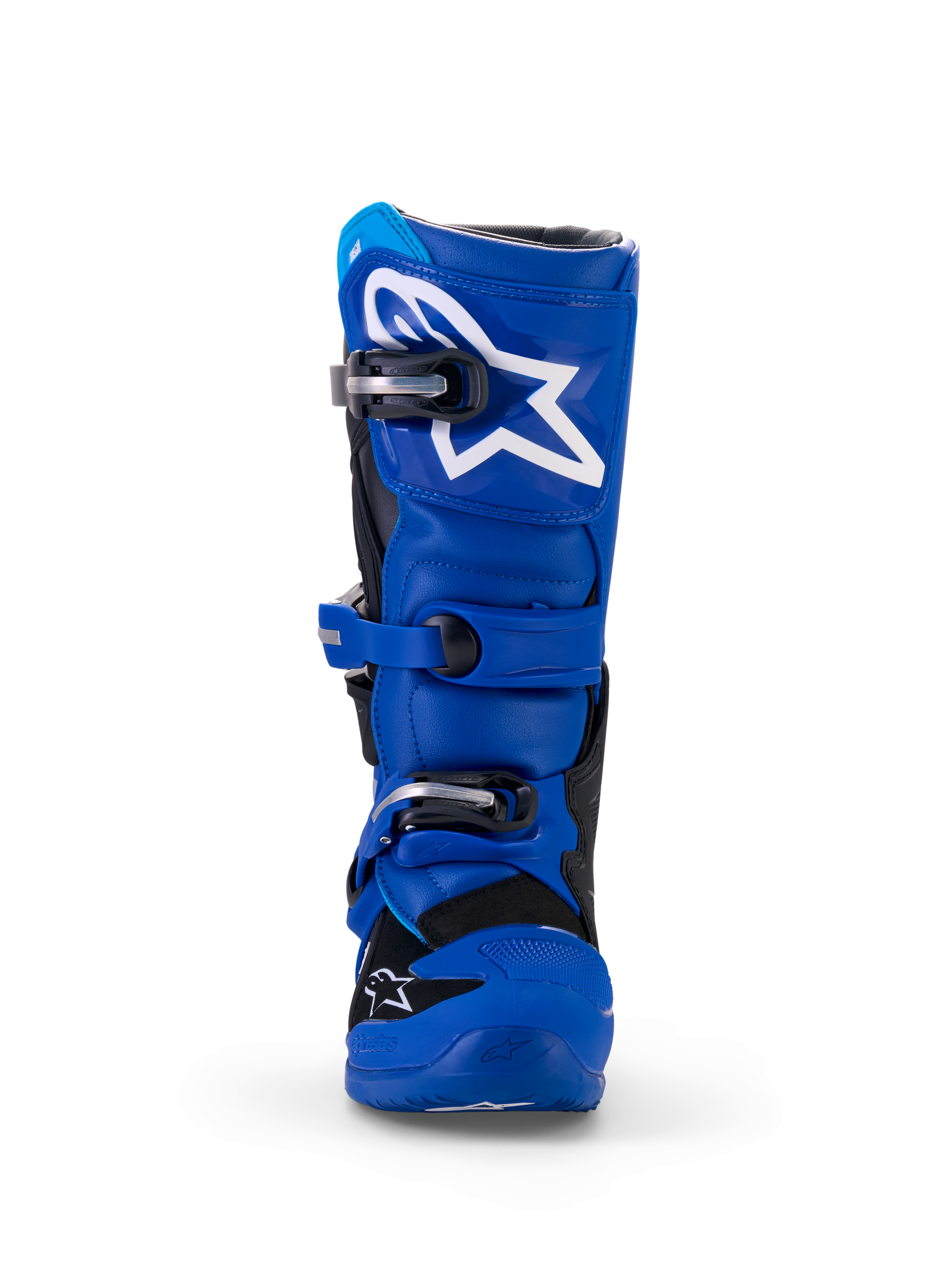 Alpinestars Yamaha Youth Tech 7S-laarzen, motorcrosslaarzen, blauw, zwart en wit, vooraanzicht met TPU-scheenplaat met wit sterlogo, verstelbaar gespsluitsysteem en duurzame, beschermende off-road constructie.