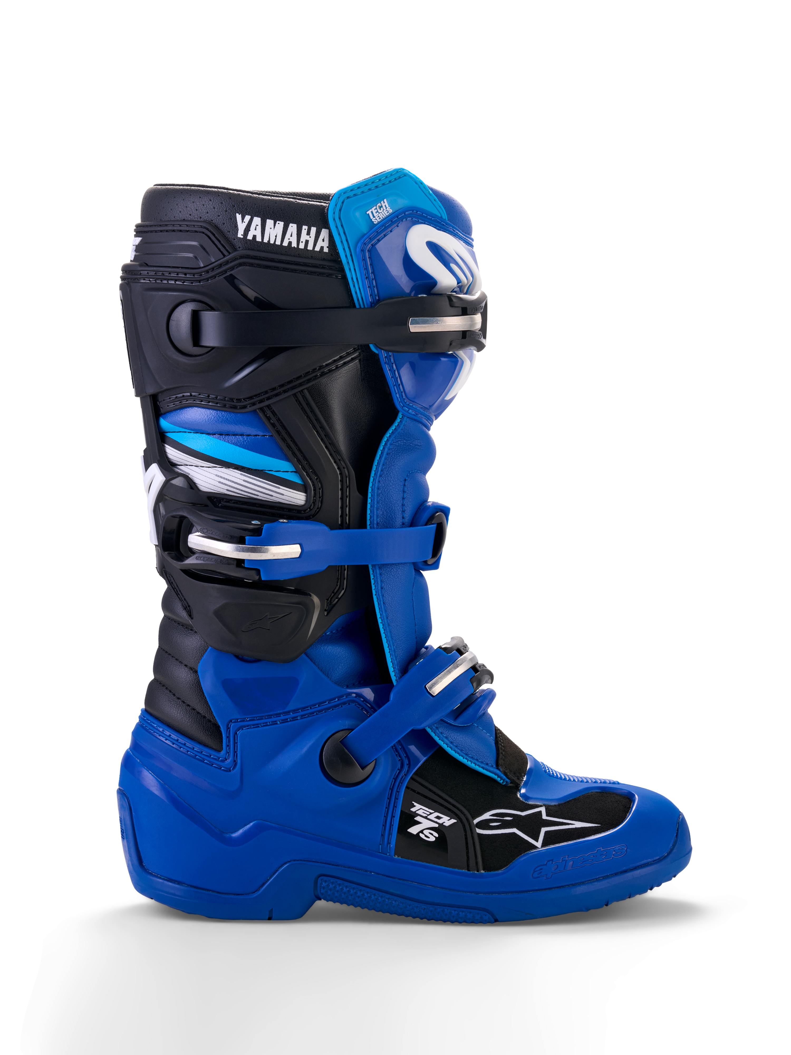 Alpinestars Yamaha Youth Tech 7S laarzen, motorcrosslaarzen, blauw, zwart en wit, zijprofiel met verstelbare gespen, TPU-bescherming, Yamaha-branding en versterkte zool voor off-road prestaties
