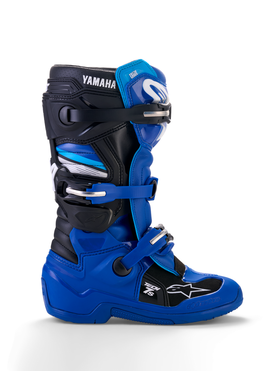 Alpinestars Yamaha Tech 7S laarzen, motorcross off-road laarzen, blauw en zwart met witte accenten, hoge beschermende enkelbescherming met gespen en riemen, robuuste zool, modern design