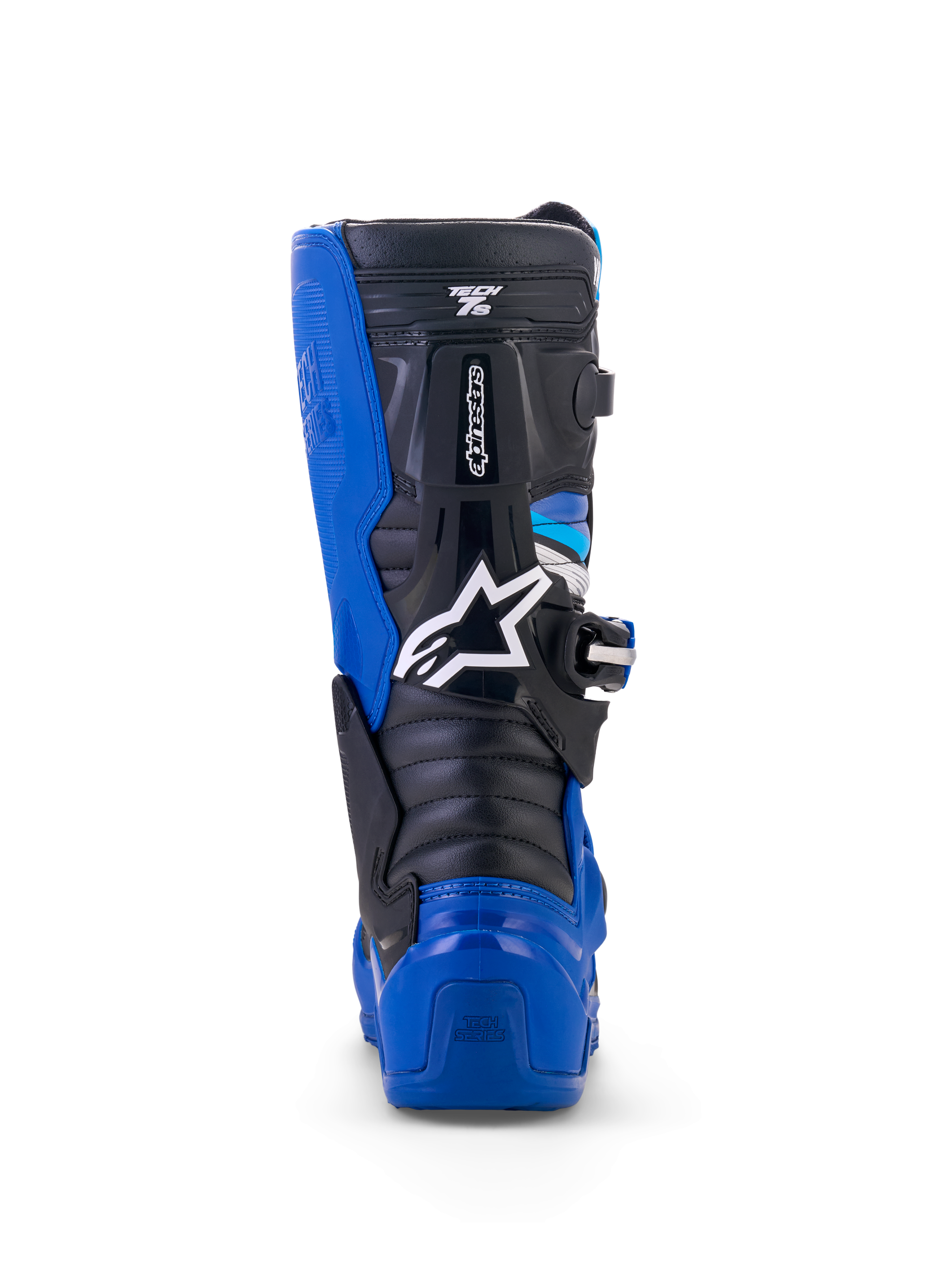 Alpinestars Yamaha Youth Tech 7S laarzen, motorcrosslaarzen, blauw, zwart en wit, achteraanzicht met focus op TPU hiel- en kuitbescherming, wit ster-logo en duurzaam pivot-systeemontwerp
