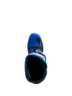 Alpinestars Yamaha Youth Tech 7S laarzen, blauw, zwart en wit, bovenaanzicht met inkijk in de laars, toont de binnenvoering en TPU-neus met schakelpad, beschermend schoeisel voor jeugd motocross