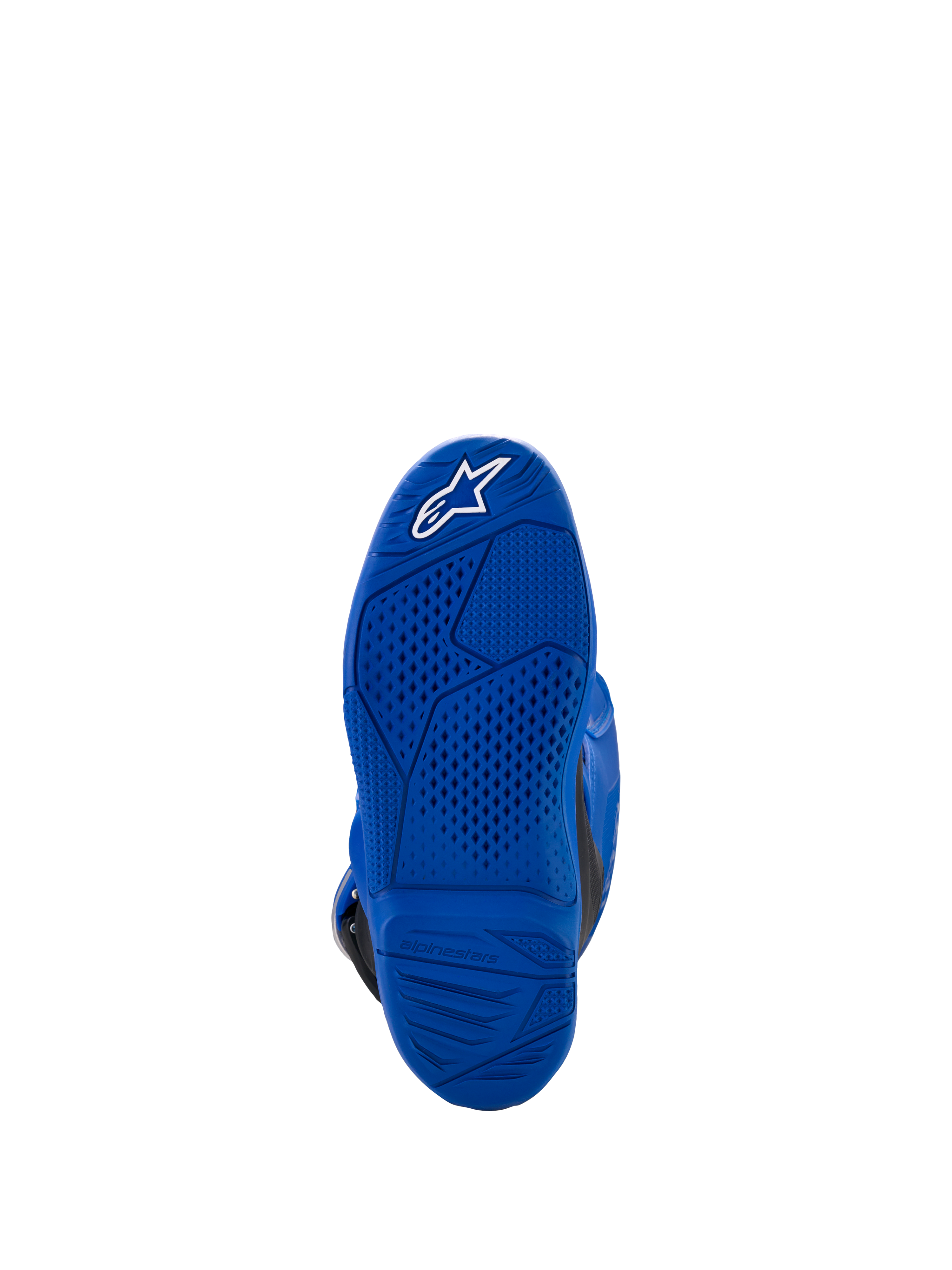 Alpinestars Yamaha Youth Tech 7S laarzen, blauw, onderaanzicht van de zool met getextureerd grippatroon en wit sterlogo, duurzame rubberen constructie voor off-road rijden