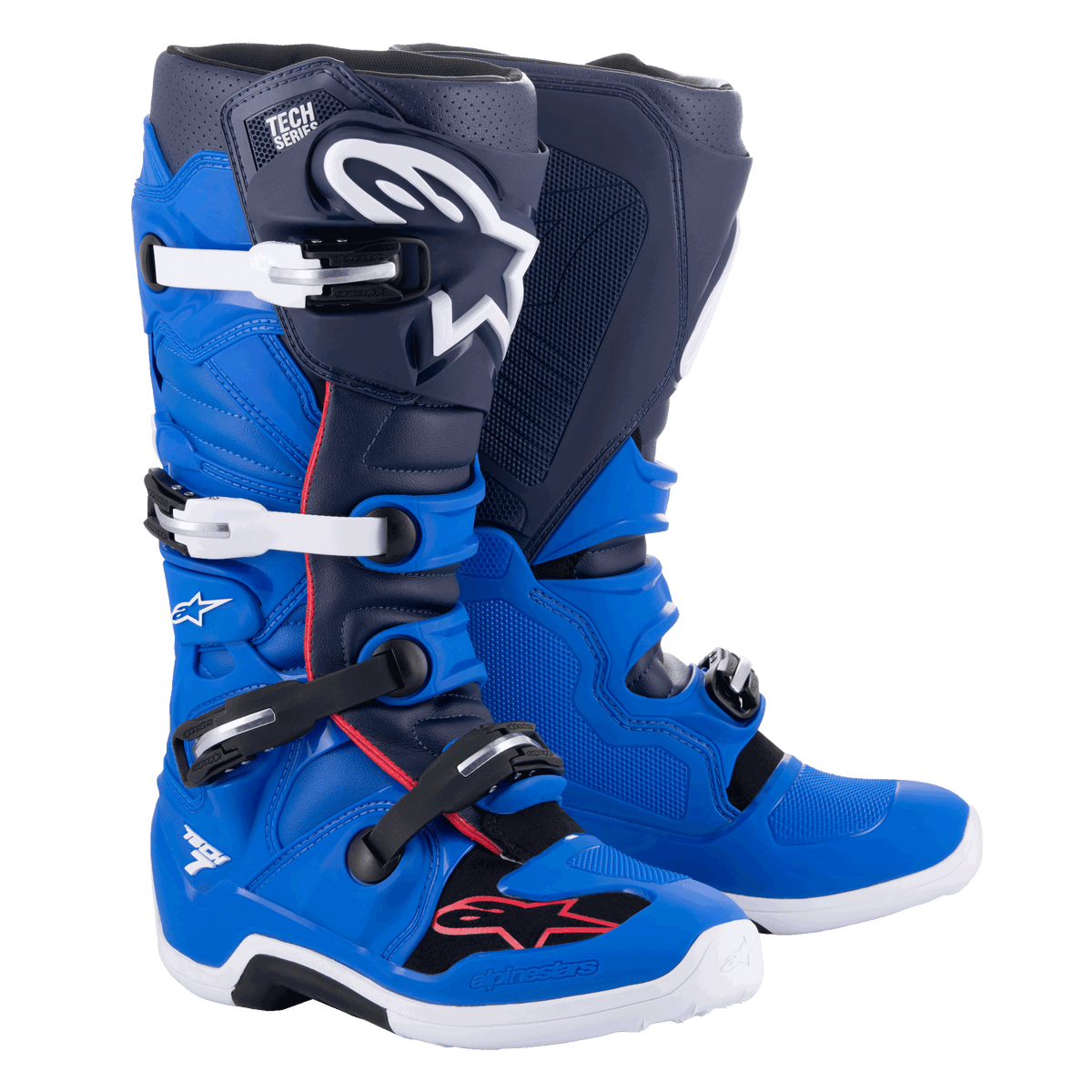 Alpinestars Tech 7 laarzen, motorcrosslaarzen, Alpine Blue, Night Navy en Bright Red, met witte en zwarte aluminium gespen, groot wit sterlogo op de scheen en duurzame witte zolen, beschermende uitrusting voor off-road racing