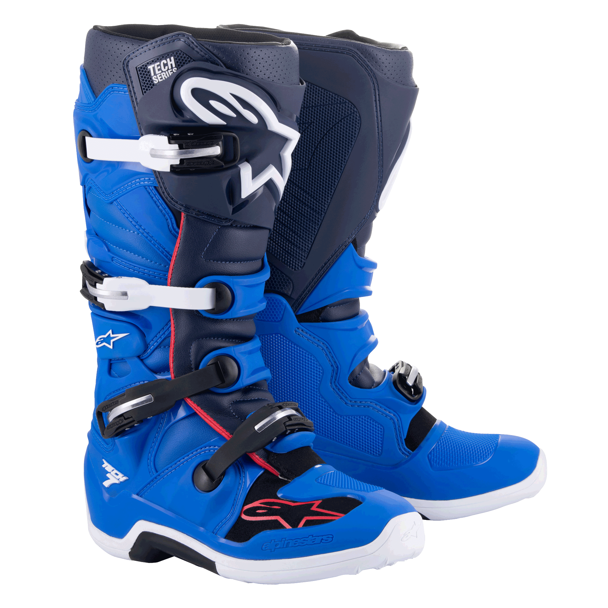 Alpinestars Tech 7 laarzen, motorcrosslaarzen, Alpine Blue, Night Navy en Bright Red, met witte en zwarte aluminium gespen, groot wit sterlogo op de scheen en duurzame witte zolen, beschermende uitrusting voor off-road racing