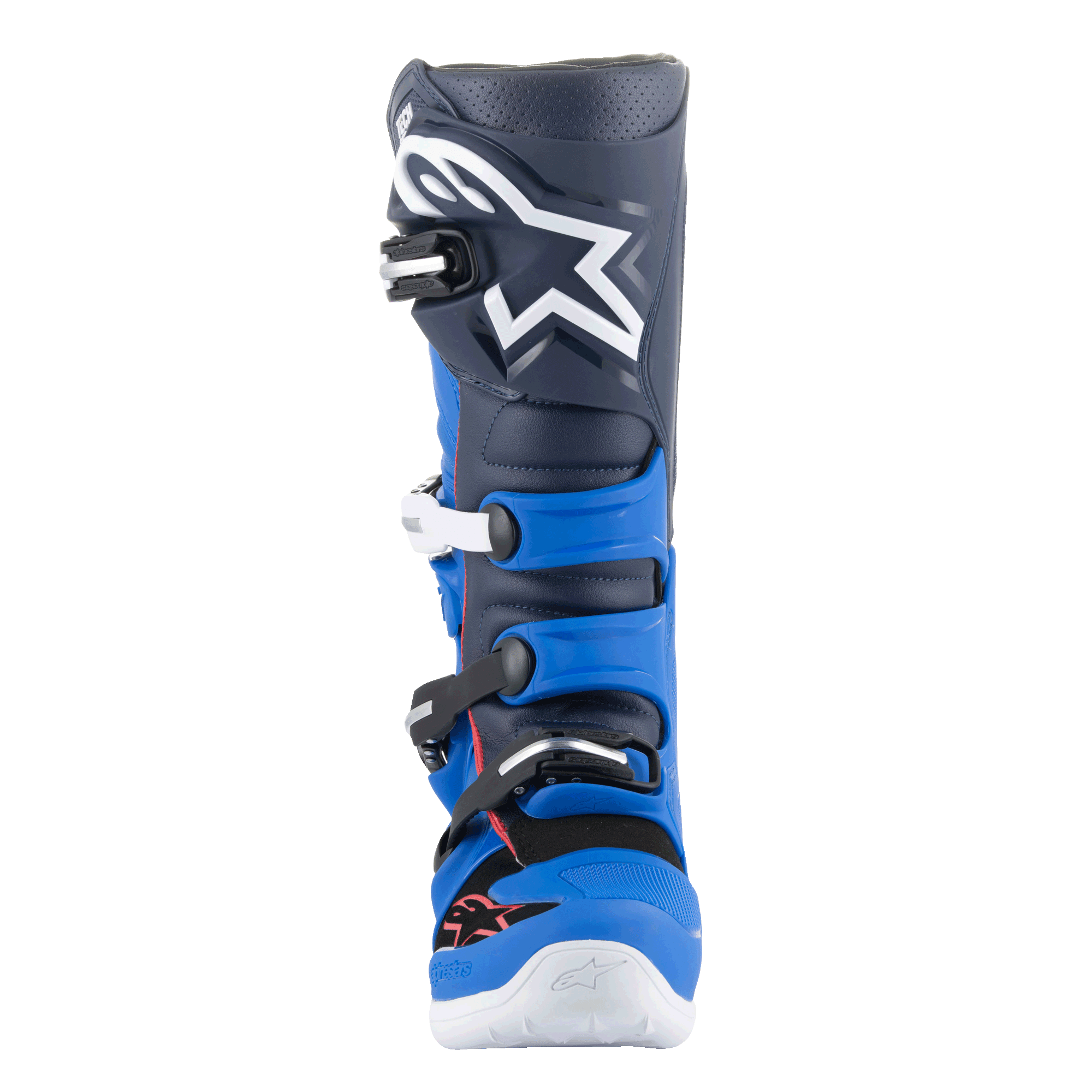 Alpinestars Tech 7 laarzen, motorcrosslaarzen, Alpine Blue, Night Navy en felrood, vooraanzicht met een donkerblauw bovenwerk met een groot wit Astars-logo, helderblauwe TPU-beschermpanelen en een gespsluitingssysteem, hoogwaardig schoeisel voor off-road rijden.
