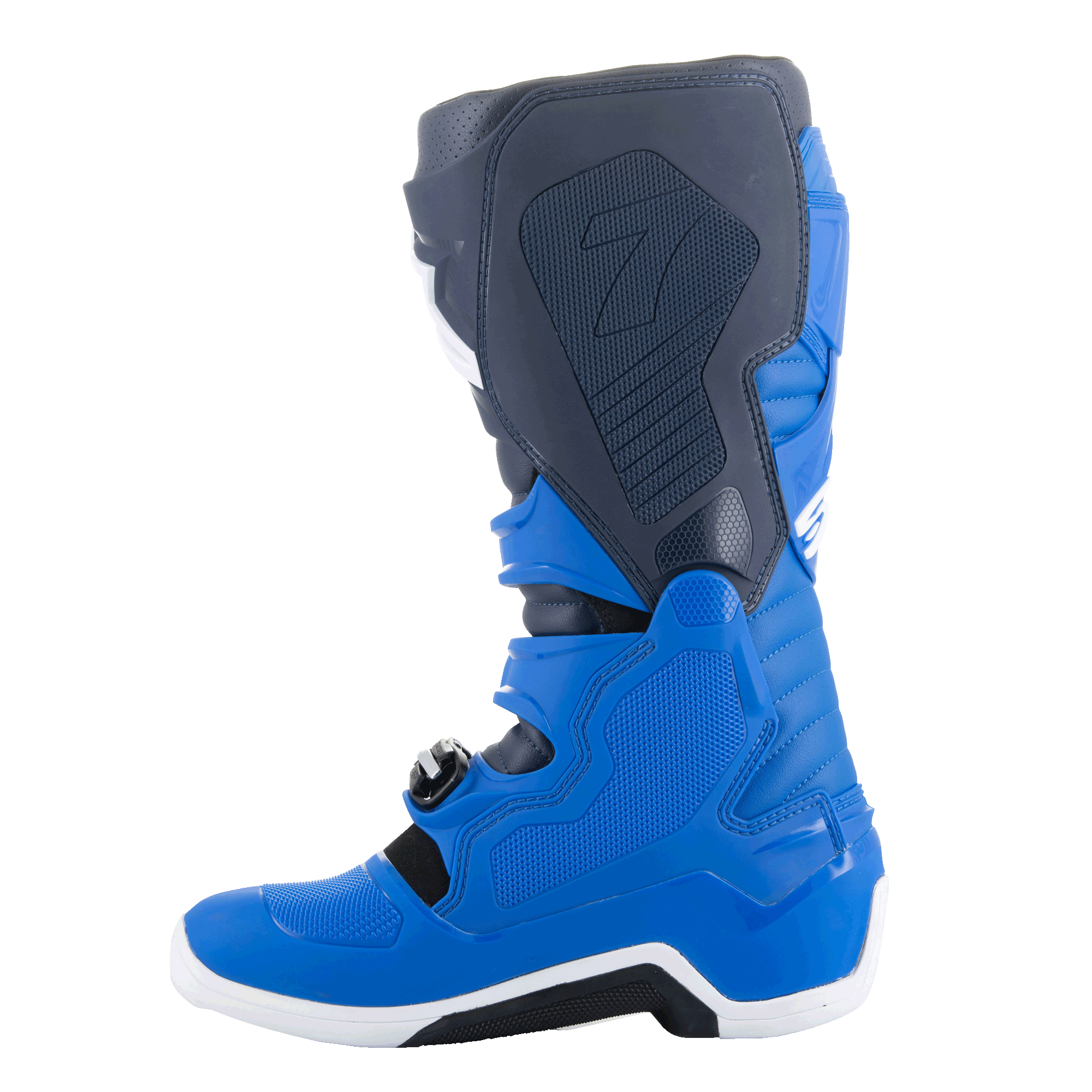 Alpinestars Tech 7 laarzen, motorcrosslaarzen, Alpine Blue, Night Navy en Bright Red, aanzicht van de mediale zijde met beschermende TPU-panelen en versterkte constructie voor off-road racen