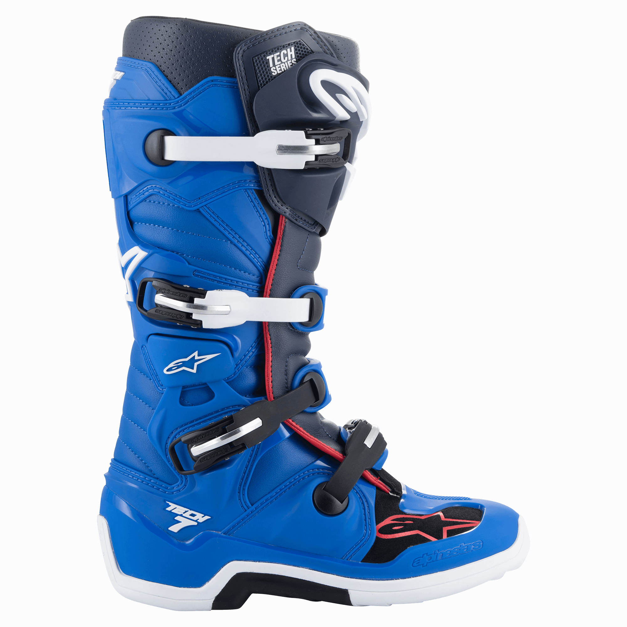 Alpinestars Tech 7 laarzen, motorcrosslaarzen, Alpine Blue, Night Navy en Bright Red, hoog model met een sluitsysteem met vier gespen, witte en zwarte gespen, witte zool met zwart middengedeelte, rode biezen en Alpinestars-branding, professionele off-road racebescherming.