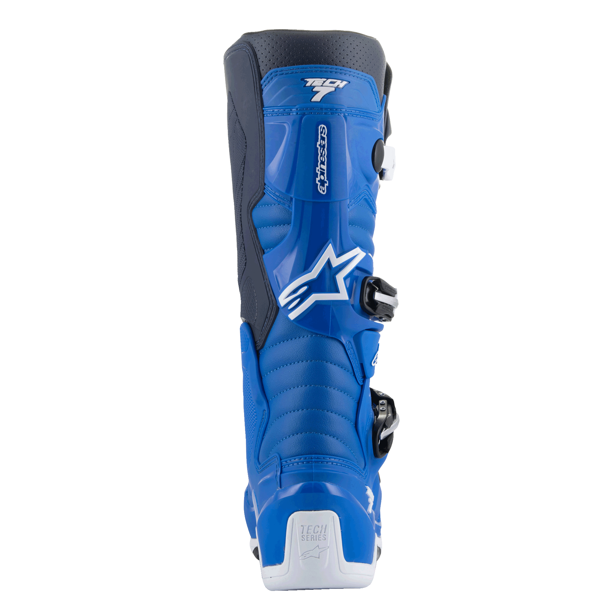 Alpinestars Tech 7 laarzen, motorcrosslaarzen, Alpine blauw en Night Navy met witte accenten, achteraanzicht met de voorgevormde kuitbeschermer, witte hielversteviging met Tech Series-logo en details van het gespsysteem met zij-instap.