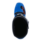 Alpinestars Tech 7 laarzen, motorcrosslaarzen, Alpine Blue Night Navy en felrood, bovenaanzicht met zicht in de binnenkant van de laars, met een blauwe neus met rood sterlogo en zwarte voering, professioneel off-road raceschoeisel