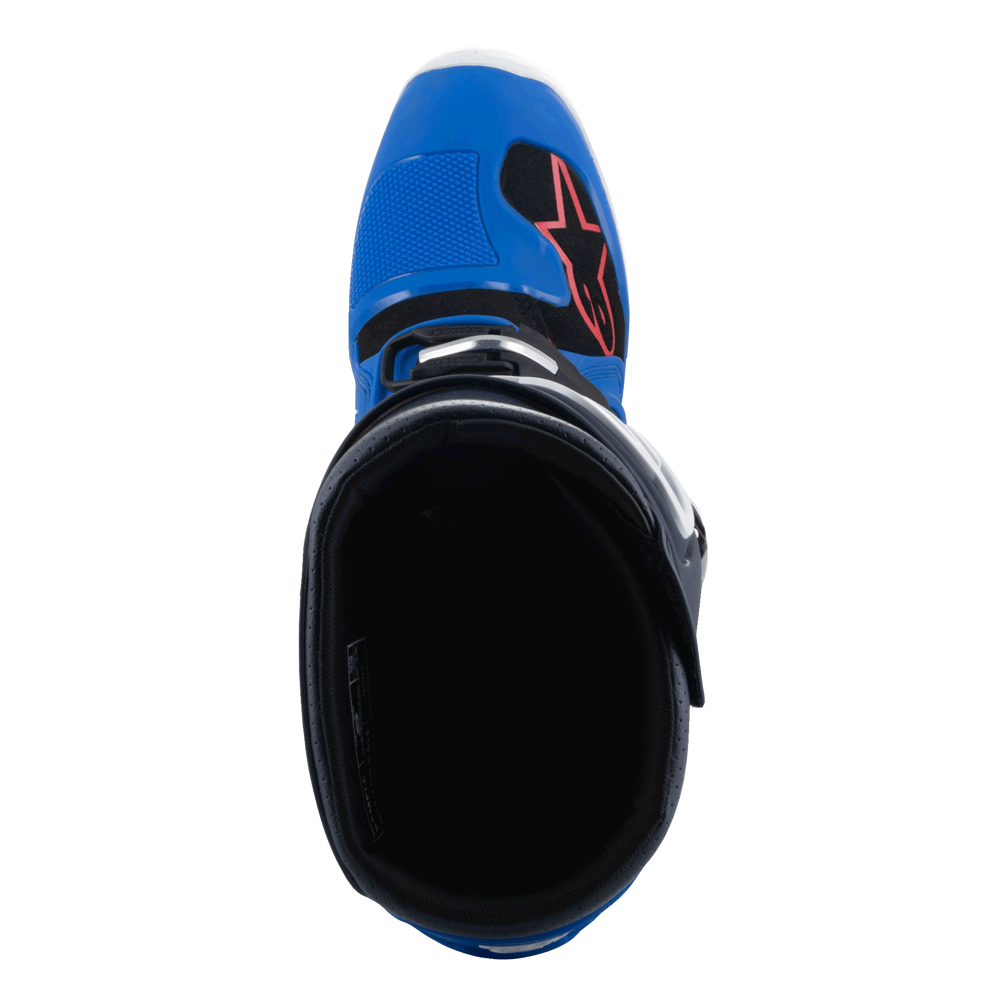 Alpinestars Tech 7 laarzen, motorcrosslaarzen, Alpine Blue Night Navy en felrood, bovenaanzicht met zicht in de binnenkant van de laars, met een blauwe neus met rood sterlogo en zwarte voering, professioneel off-road raceschoeisel