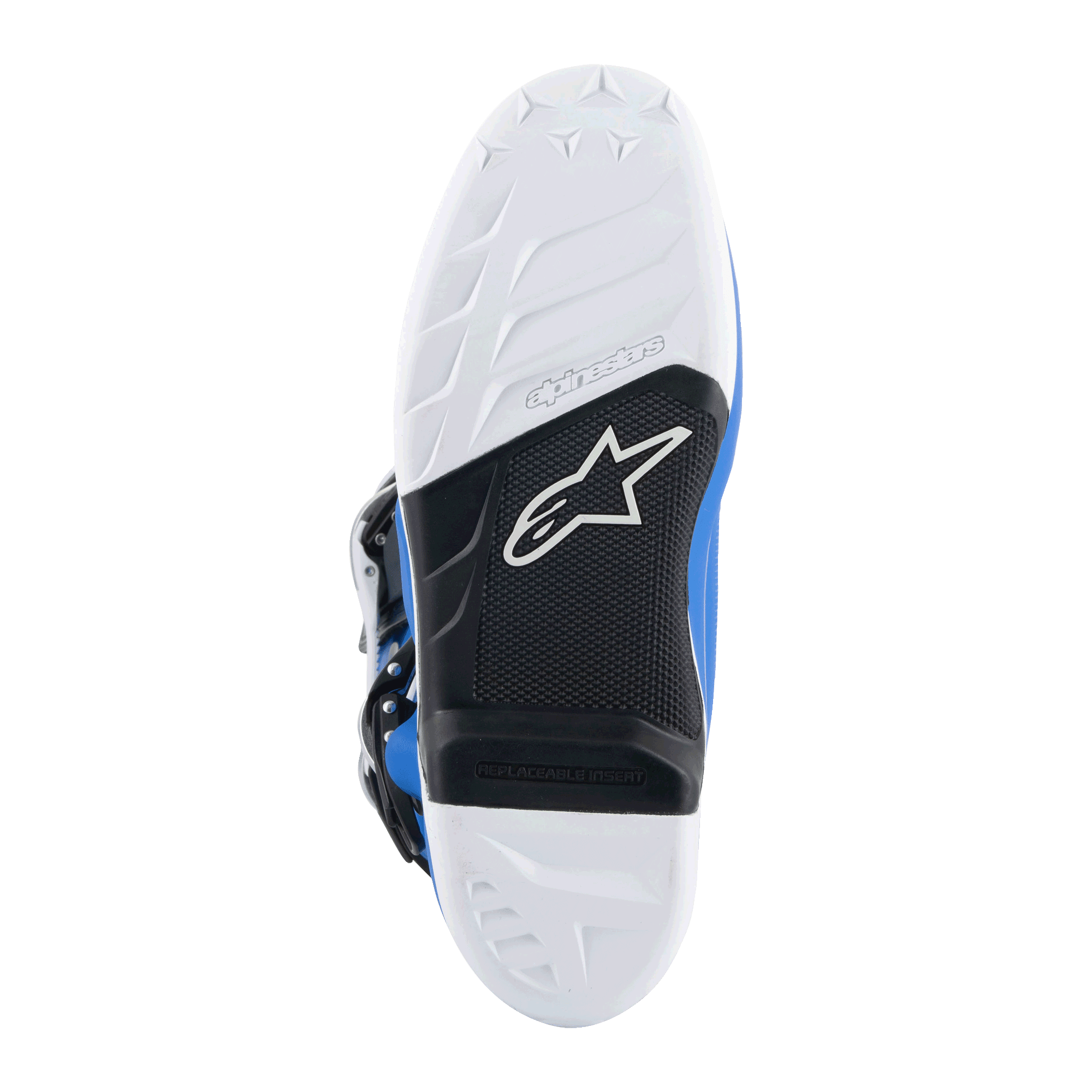 Alpinestars Tech 7 laarzen, motorcrosslaarzen, Alpine blauw en wit, onderaanzicht van de zool met wit grippatroon, zwarte voetboog met vervangbare voetsteuninzet en Alpinestars-logo, duurzame samenstelling voor off-road racen