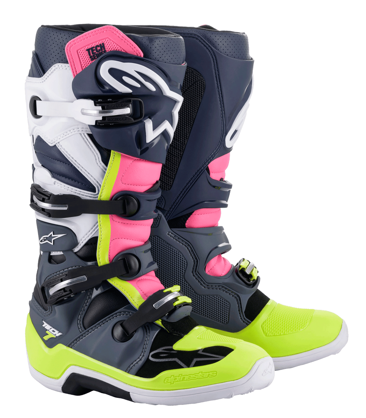 Alpinestars Tech 7 laarzen, motorcrosslaarzen, donkergrijs, donkerblauw, Pink Fluo en neongeel, voorzien van een meervoudig gespsluitingssysteem, TPU-beschermingspanelen en Alpinestars-branding voor off-road racen