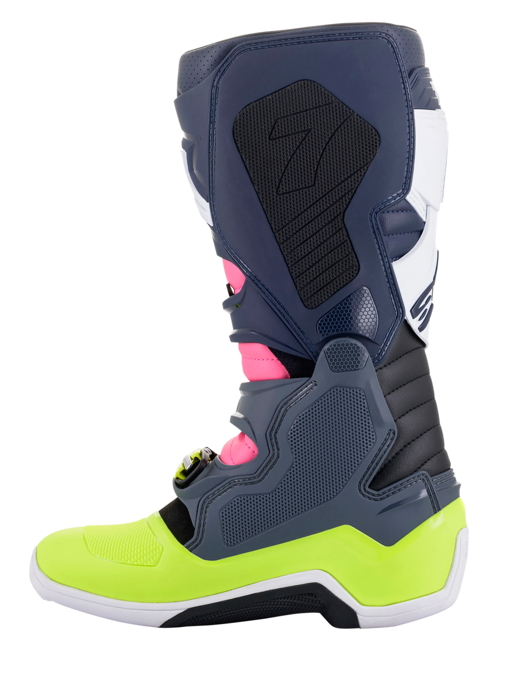 Alpinestars Tech 7 Boots, Motocross Boots, Dark Gray, Dark Blue, Pink Fluo, and Neon Yellow, side profile view, featuring innovative buckle closure system and biomechanical ankle protection, high-performance off-road footwear