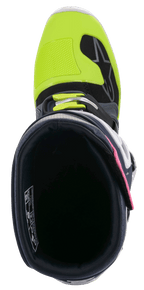 Alpinestars Tech 7 Boots, Motocross Boots, Dark Gray, Dark Blue, and Pink Fluo with bright Yellow accents, top-down view looking into the interior collar, highlighting the buckle closure and reinforced toe box.