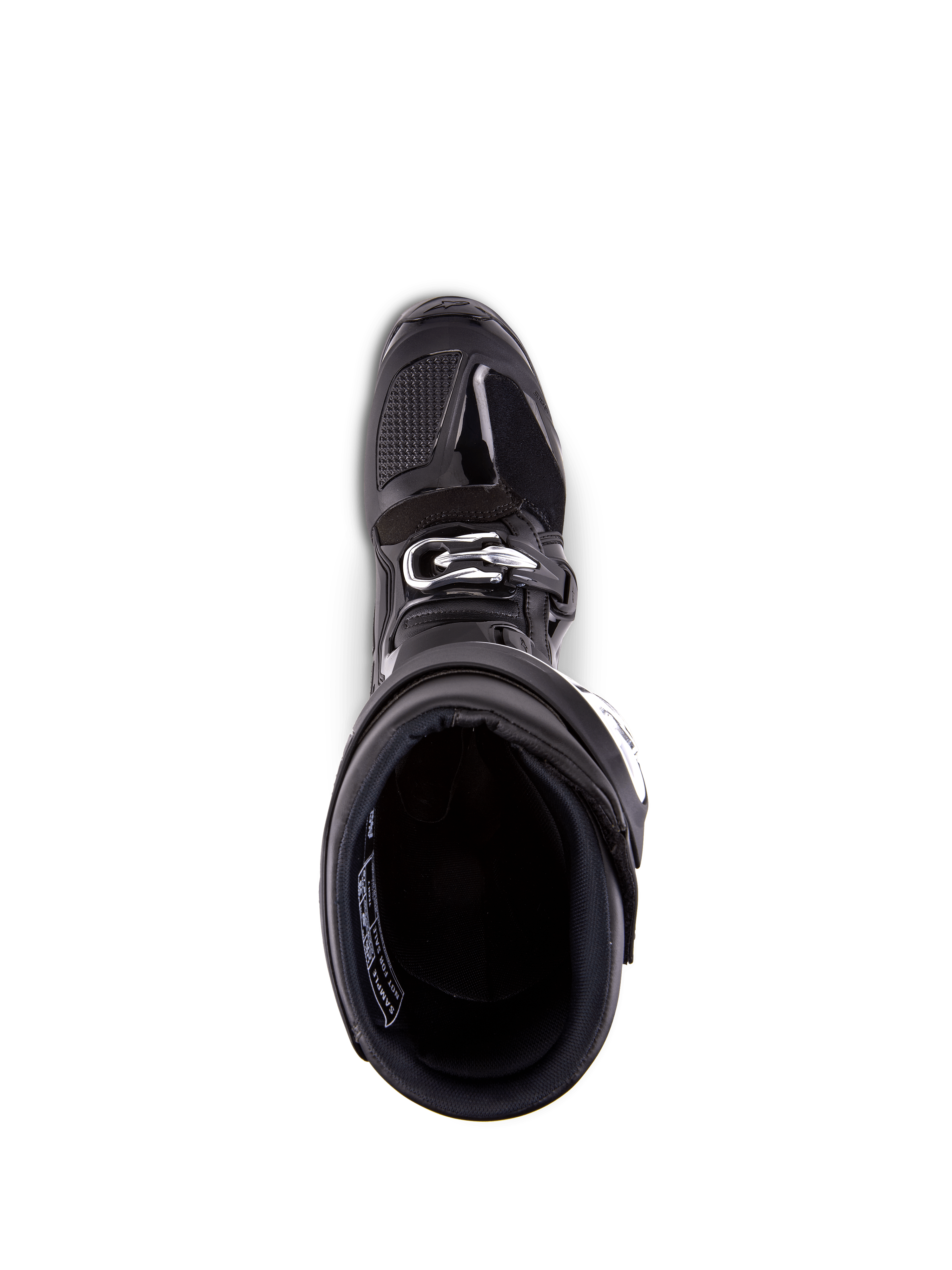 Alpinestars Tech 7 Boots, Motocross Boots, Black, top-down view looking into the interior lining, featuring a silver buckle closure and reinforced toe area, professional off-road racing footwear.