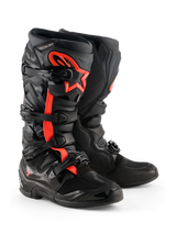 Alpinestars Tech 7 Boots, Motocross Boots, Black and Red Fluo, featuring four black buckles, TPU shin plate, and red Alpinestars star logo on the side, rugged off-road design.