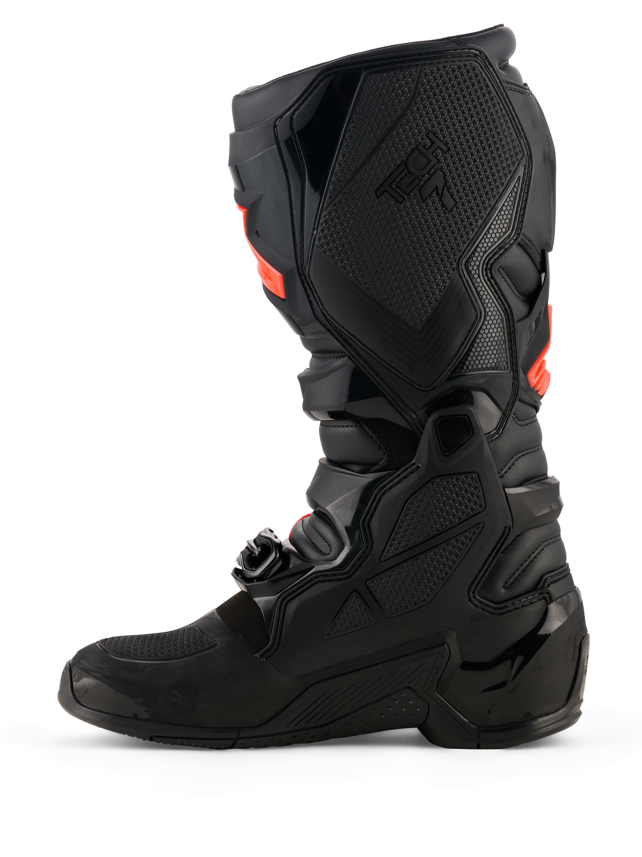 Alpinestars Tech 7 Boots, Motocross Boots, Black with Red Fluo accents, medial side profile view featuring TPU protective shells, buckle system, and textured grip panels for off-road performance