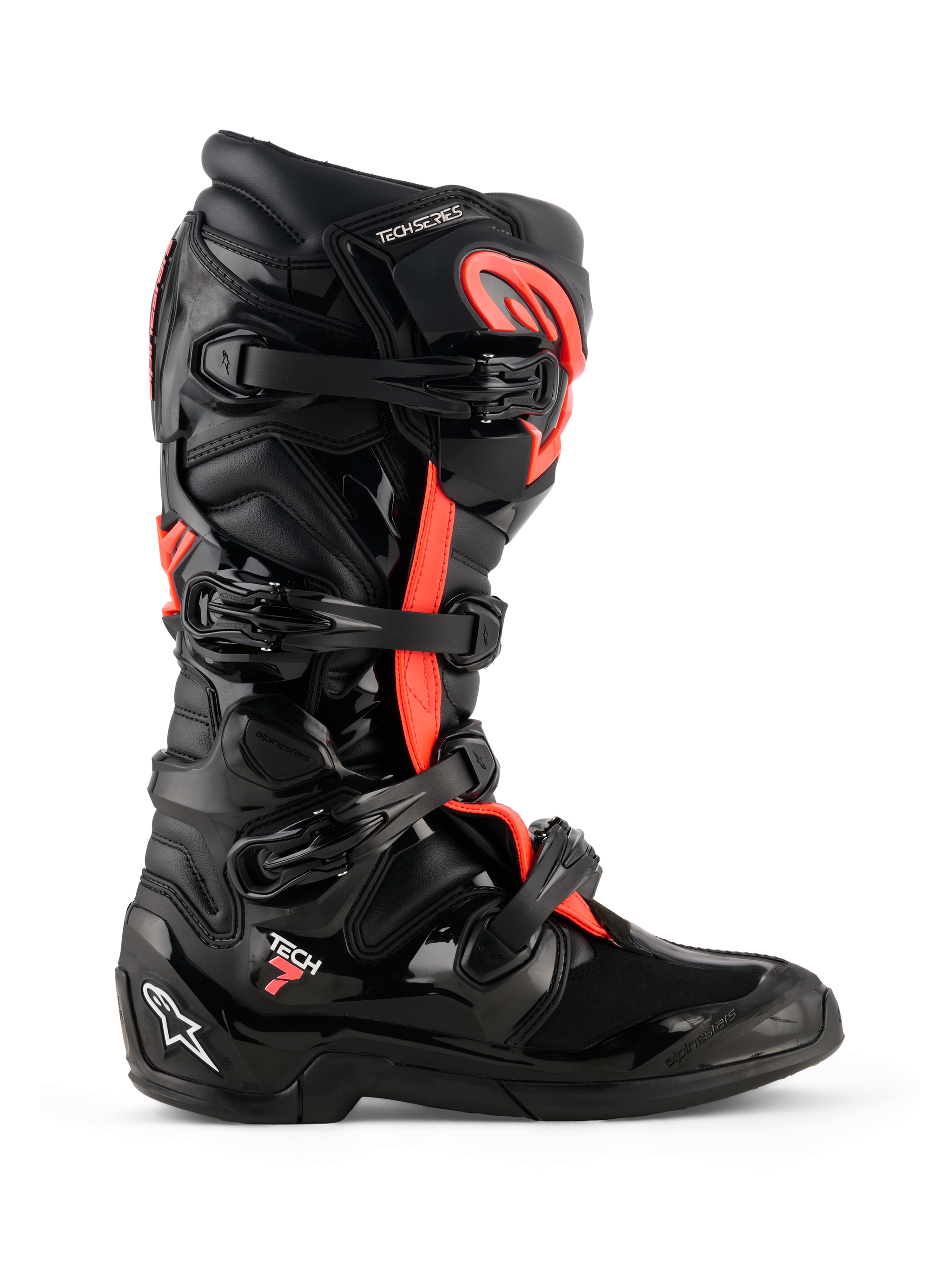 Alpinestars Tech 7 Boots, Motocross Boots, Black and Red Fluo, side profile view, featuring a four-buckle closure system, TPU protective shell with 'Tech 7' branding and white Astars logo on the heel, durable off-road racing footwear.