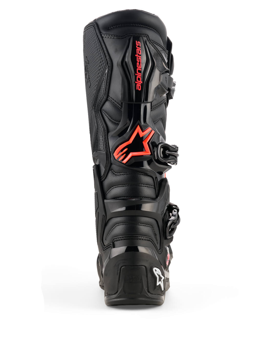 Alpinestars Tech 7 Laarzen, motorcrosslaarzen, zwart en fluorood, achteraanzicht met beschermende TPU-beplating, rood Alpinestars-logo op de kuit, duurzame constructie voor off-road prestaties
