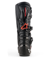 Alpinestars Tech 7 Boots, Motocross Boots, Black and Red Fluo, rear view featuring protective TPU plating, red Alpinestars logo on the calf, and durable construction for off-road performance