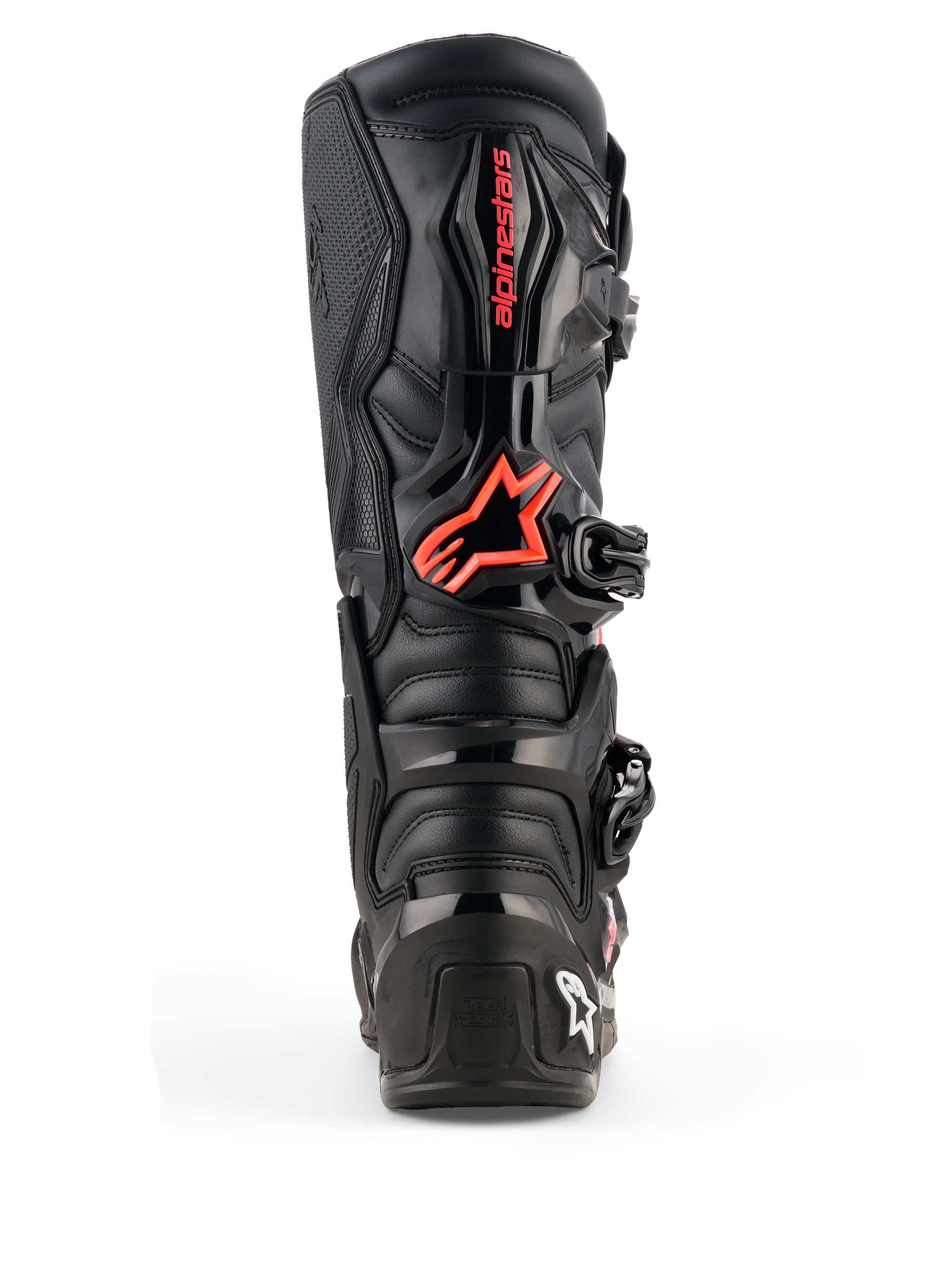 Alpinestars Tech 7 Boots, Motocross Boots, Black and Red Fluo, rear view featuring protective TPU plating, red Alpinestars logo on the calf, and durable construction for off-road performance