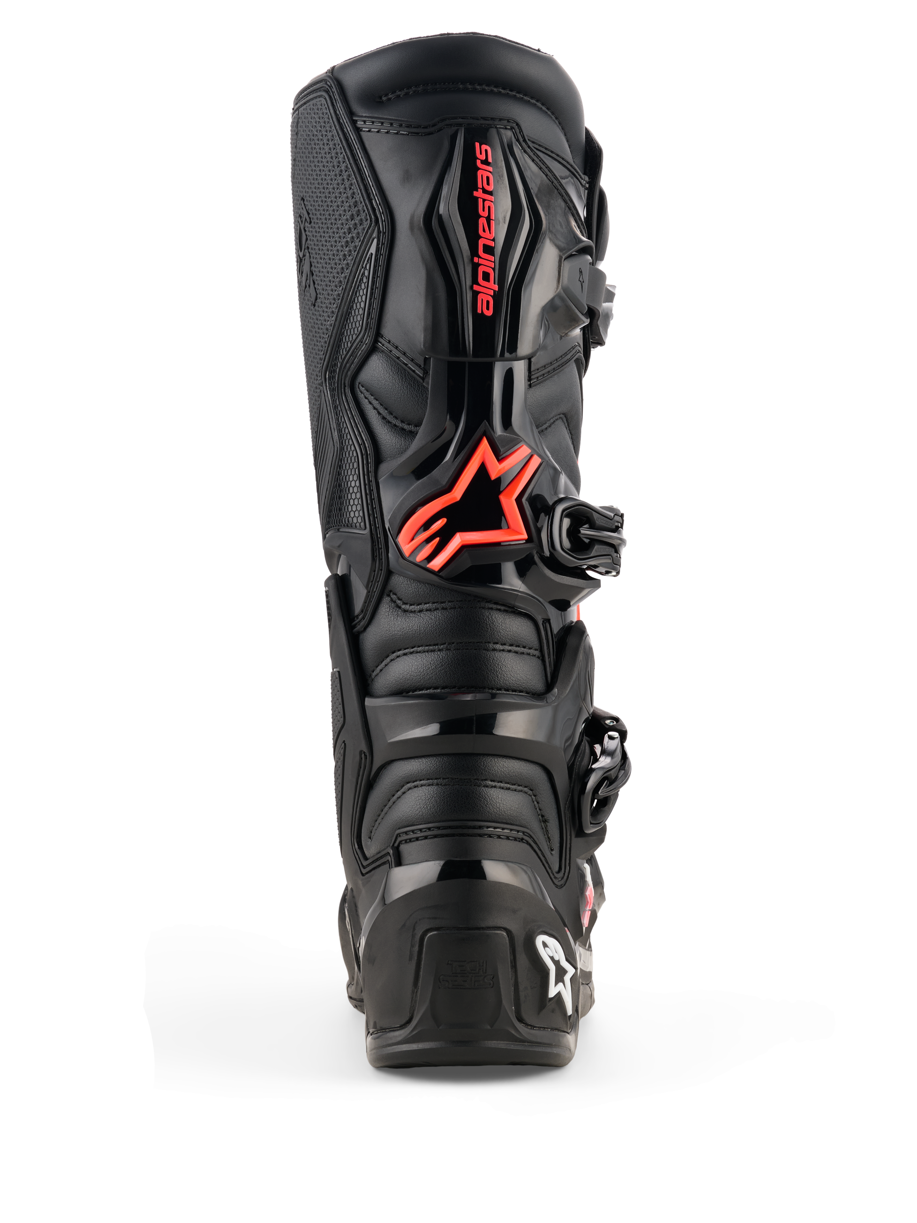 Alpinestars Tech 7 Laarzen, motorcrosslaarzen, zwart en fluorood, achteraanzicht met beschermende TPU-beplating, rood Alpinestars-logo op de kuit, duurzame constructie voor off-road prestaties