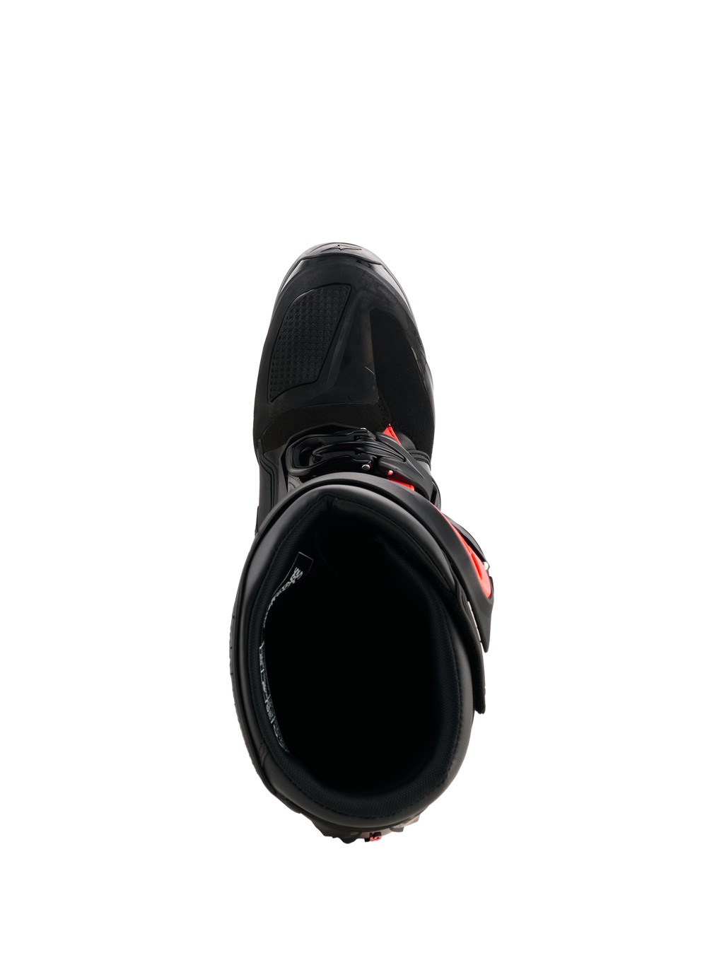 Alpinestars Tech 7 laarzen, motorcrosslaarzen, zwart met fluorood, bovenaanzicht met de binnenvoering en het sluitsysteem, duurzame TPU-constructie met levendige rode accenten voor off-road raceprestaties