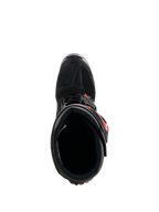 Alpinestars Tech 7 laarzen, motorcrosslaarzen, zwart met fluorood, bovenaanzicht met de binnenvoering en het sluitsysteem, duurzame TPU-constructie met levendige rode accenten voor off-road raceprestaties