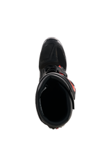 Alpinestars Tech 7 Boots, Motocross Boots, Black and Red Fluo, top-down view showing the interior lining and closure system, durable TPU construction with vibrant red accents for off-road racing performance