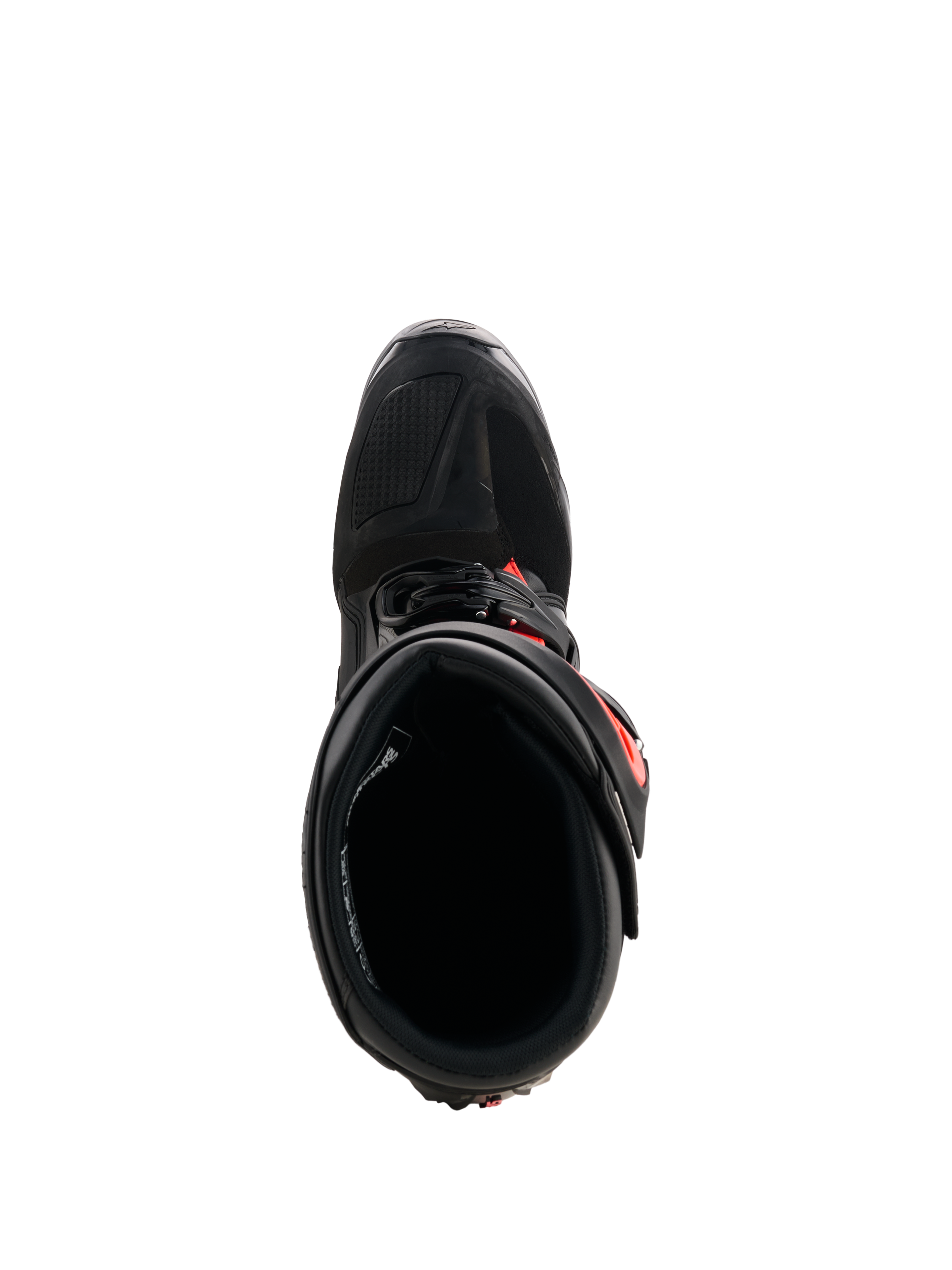 Alpinestars Tech 7 laarzen, motorcrosslaarzen, zwart met fluorood, bovenaanzicht met de binnenvoering en het sluitsysteem, duurzame TPU-constructie met levendige rode accenten voor off-road raceprestaties