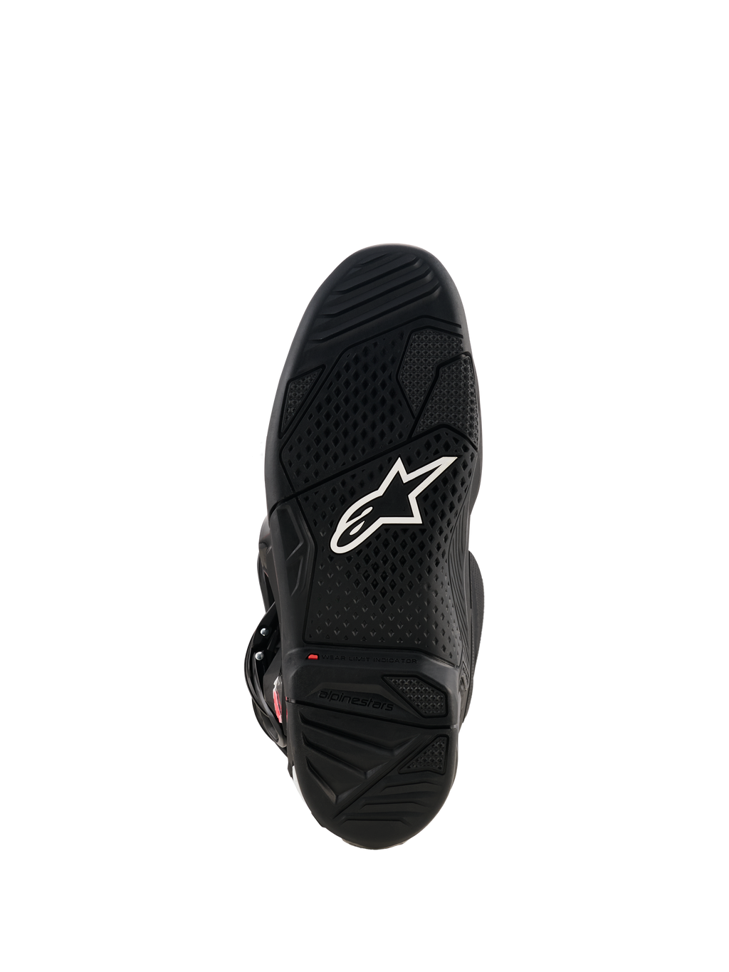 Alpinestars Tech 7 laarzen, aanzicht van de zwarte rubberen zool, voorzien van wit Astar-logo, getextureerd loopvlakprofiel en een rode slijtage-indicator voor motorcross prestaties.