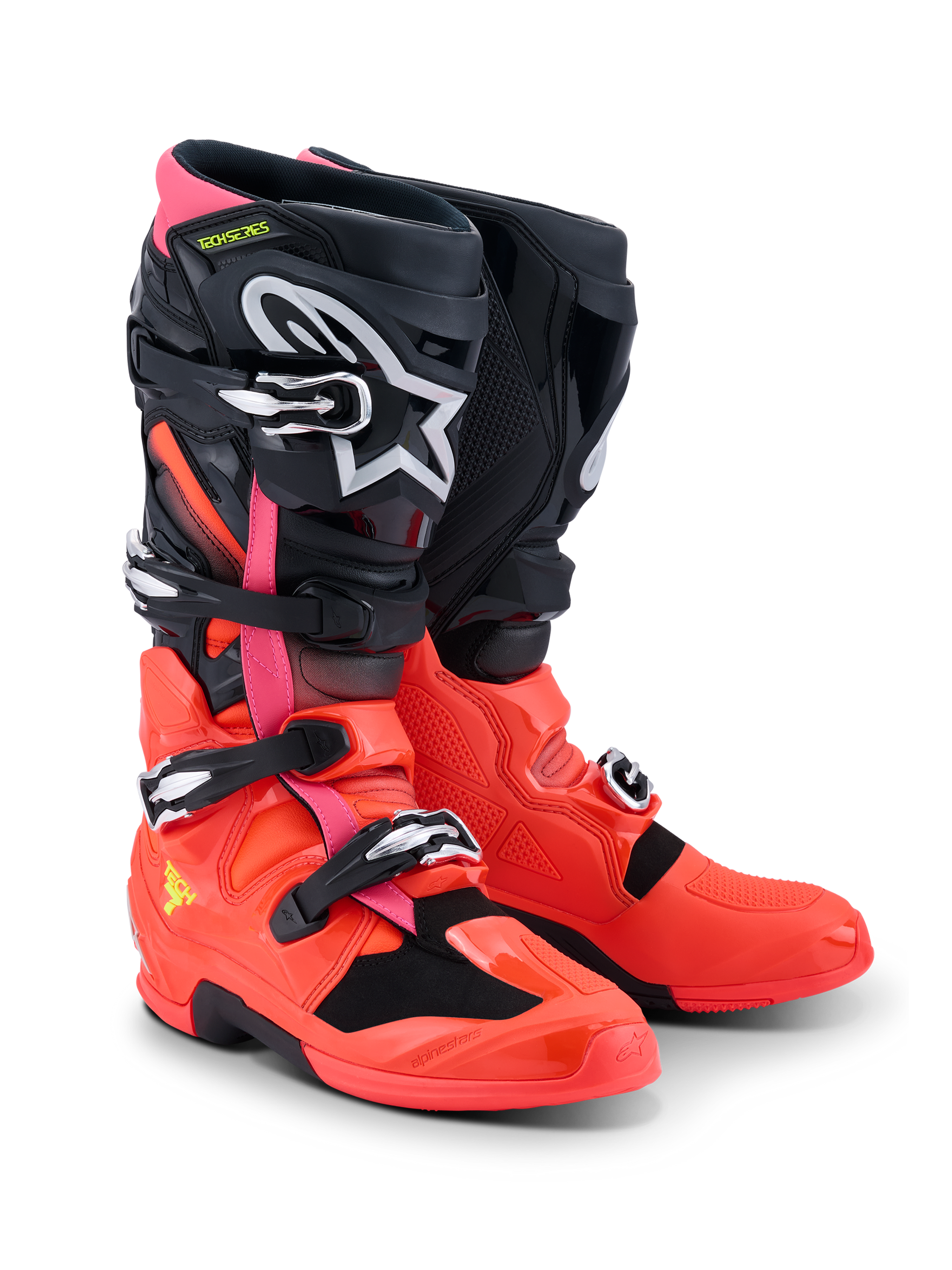 Alpinestars Tech 7 Boots, Motocross Boots, Black Red Fluo and Pink Fluo, featuring quick-release buckles, dual-pivot system, and TPU protective shell, durable performance gear for off-road riding