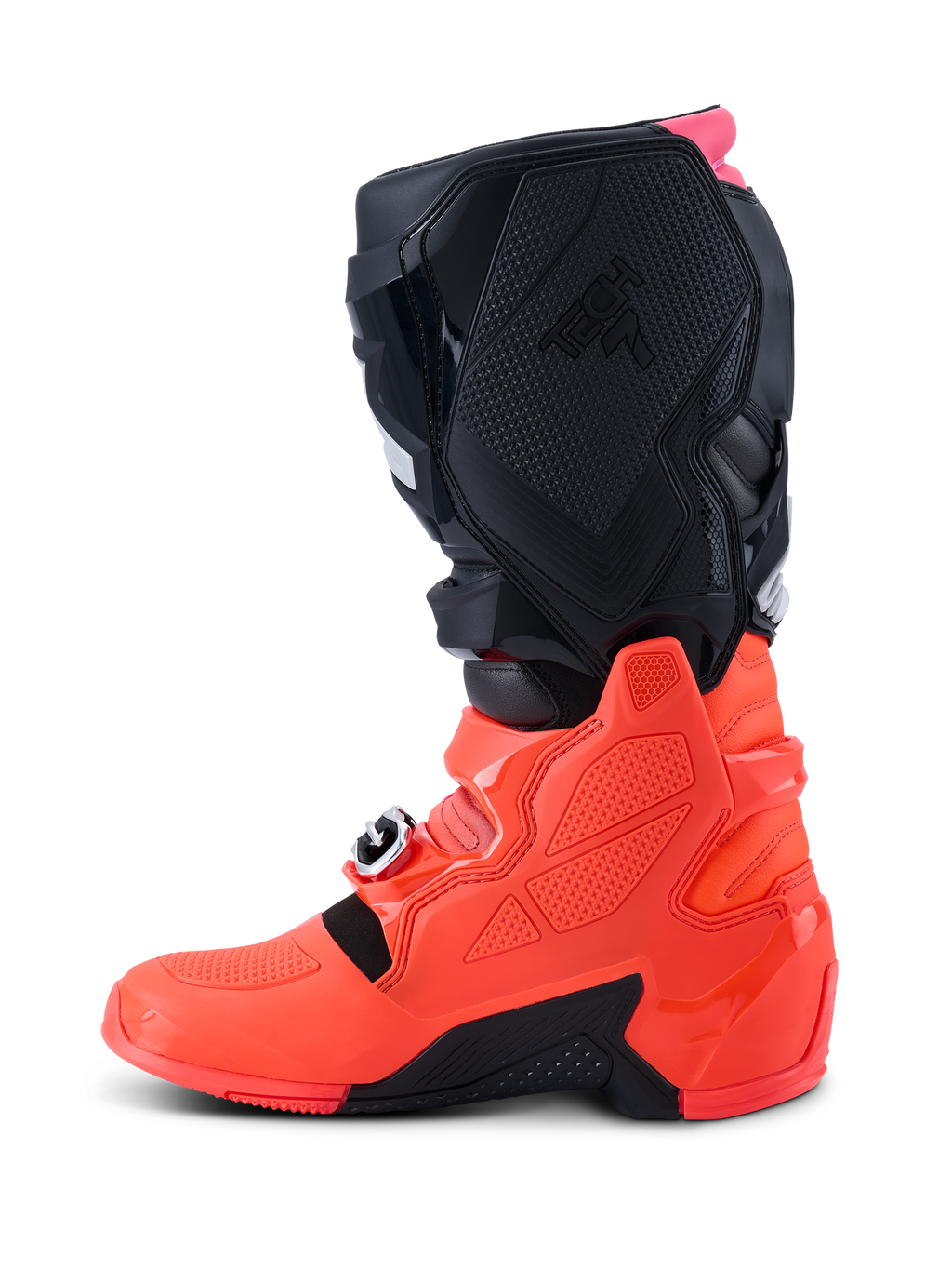 Alpinestars Tech 7 Boots, Motocross Boots, Black Red Fluo and Pink Fluo, side profile view highlighting the TPU lower shell, buckle closure system, and textured protection panels for off-road performance